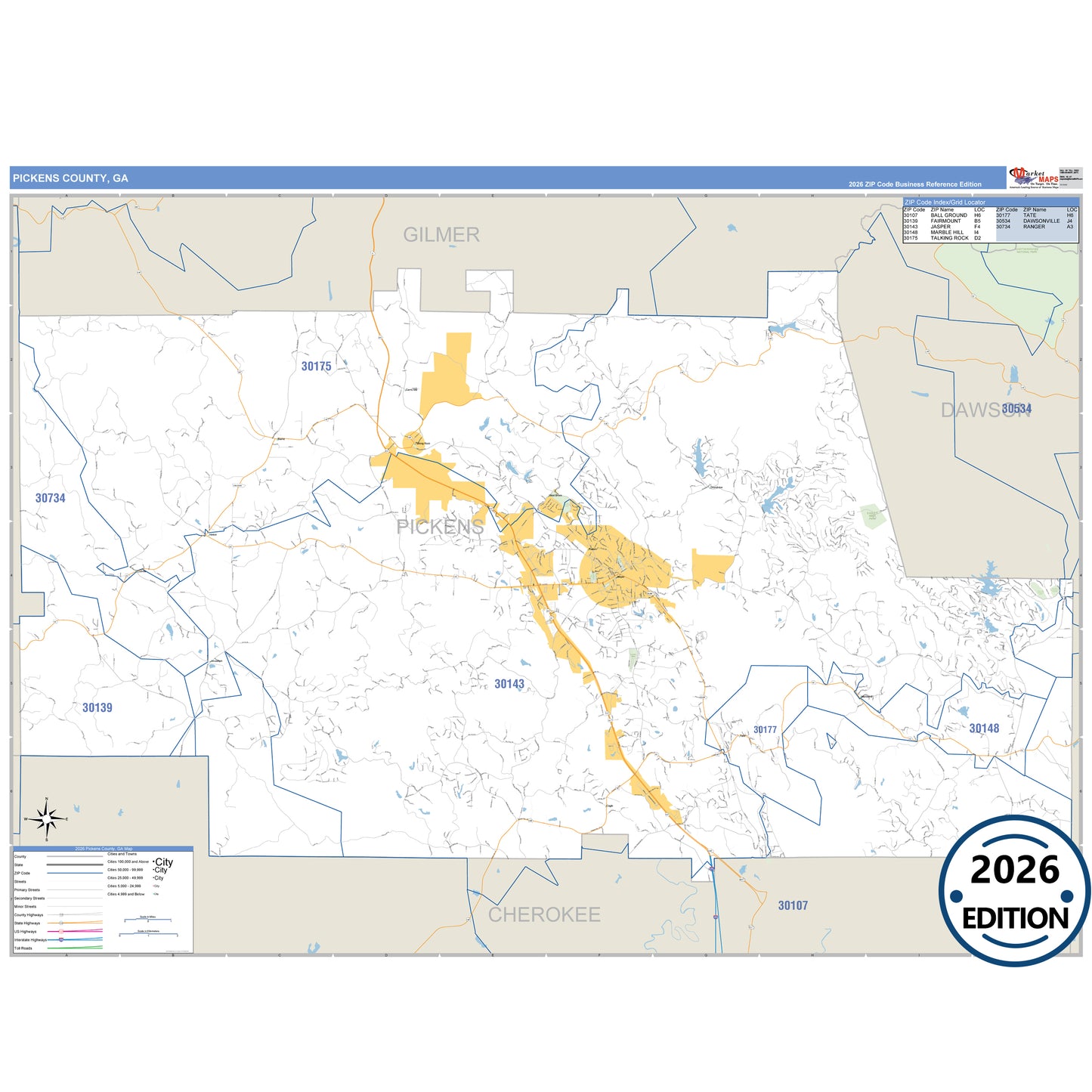 Pickens County, GA Business Reference 5 Digit ZIP Code Wall Map