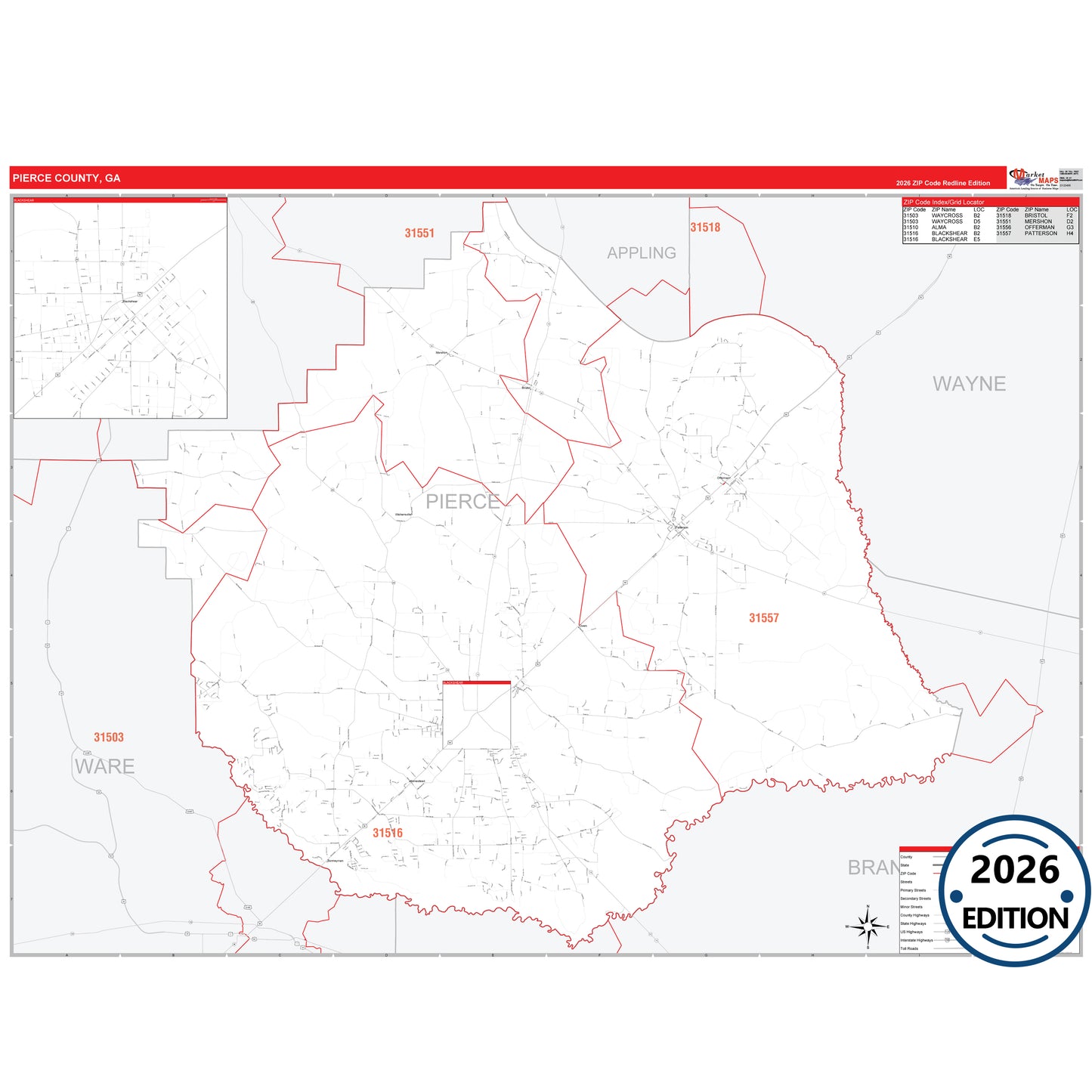 Pierce County, GA Red Line 5 Digit ZIP Code Wall Map