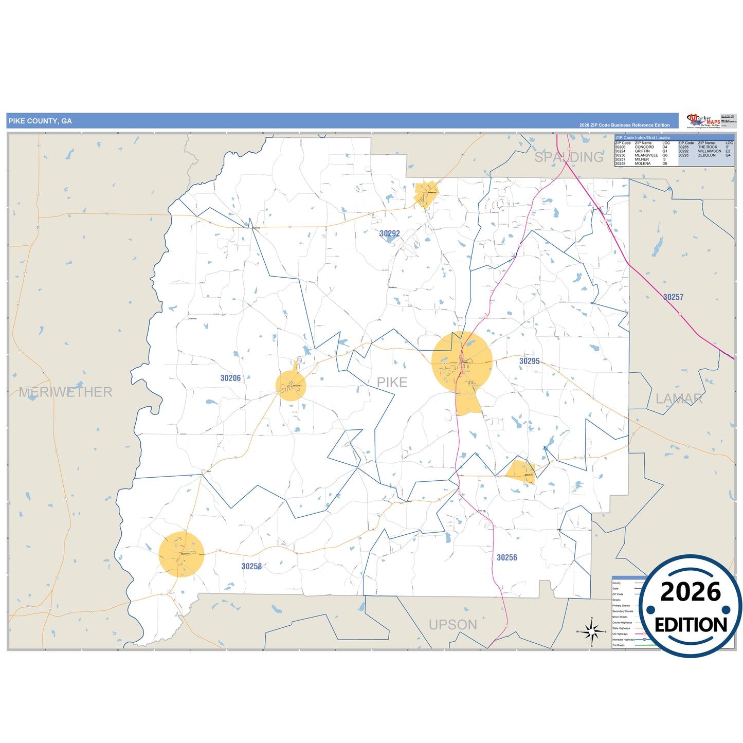 Pike County, GA Business Reference 5 Digit ZIP Code Wall Map