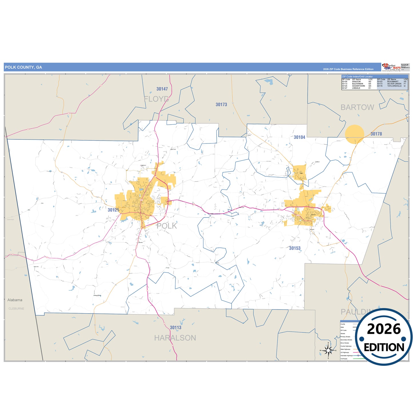 Polk County, GA Business Reference map with detailed roads, cities, and ZIP code boundaries.