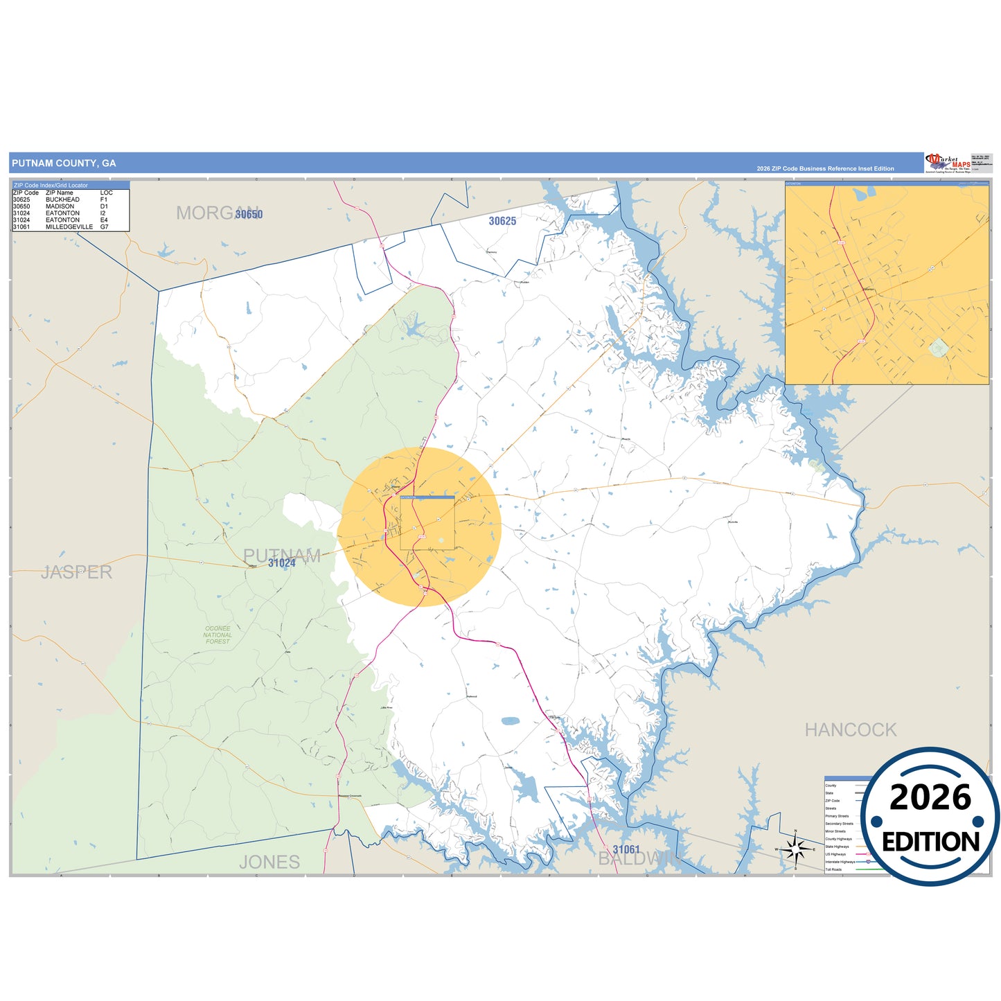 Putnam County, GA Business Reference 5 Digit ZIP Code Wall Map