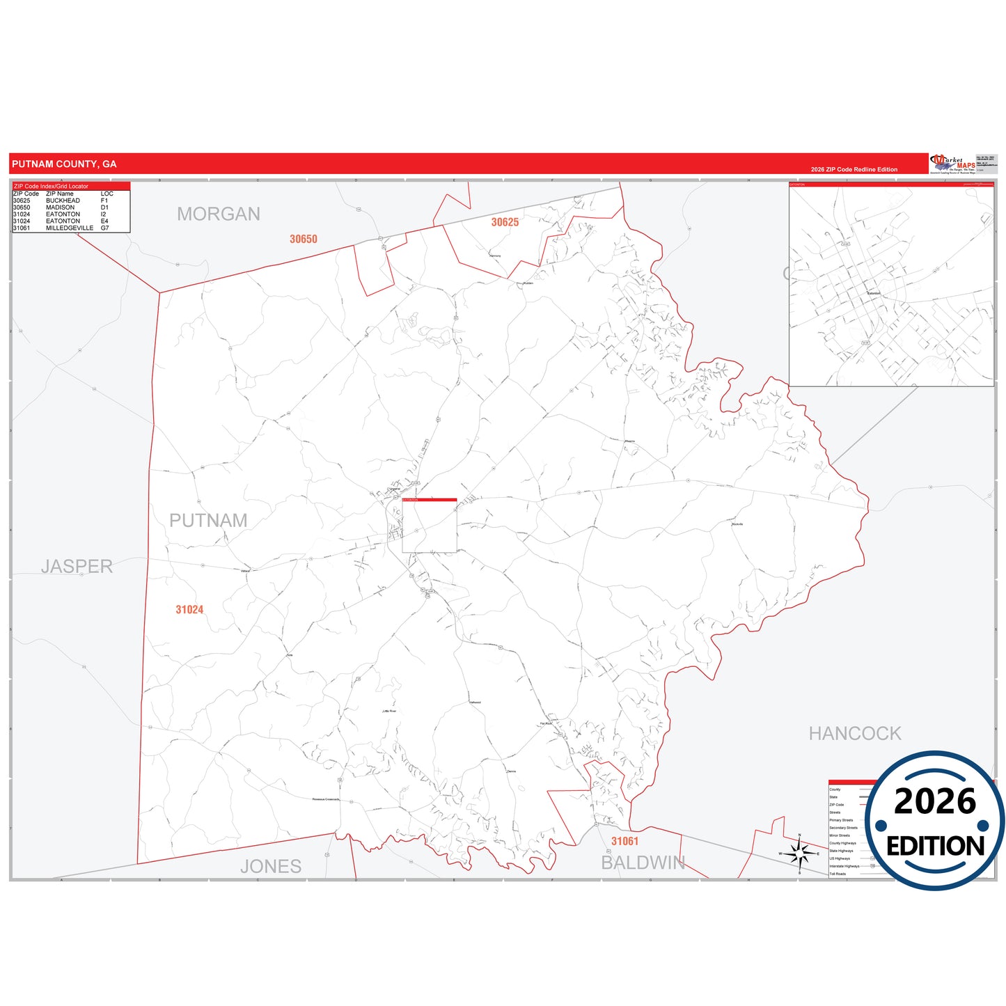Putnam County, GA Red Line 5 Digit ZIP Code Wall Map