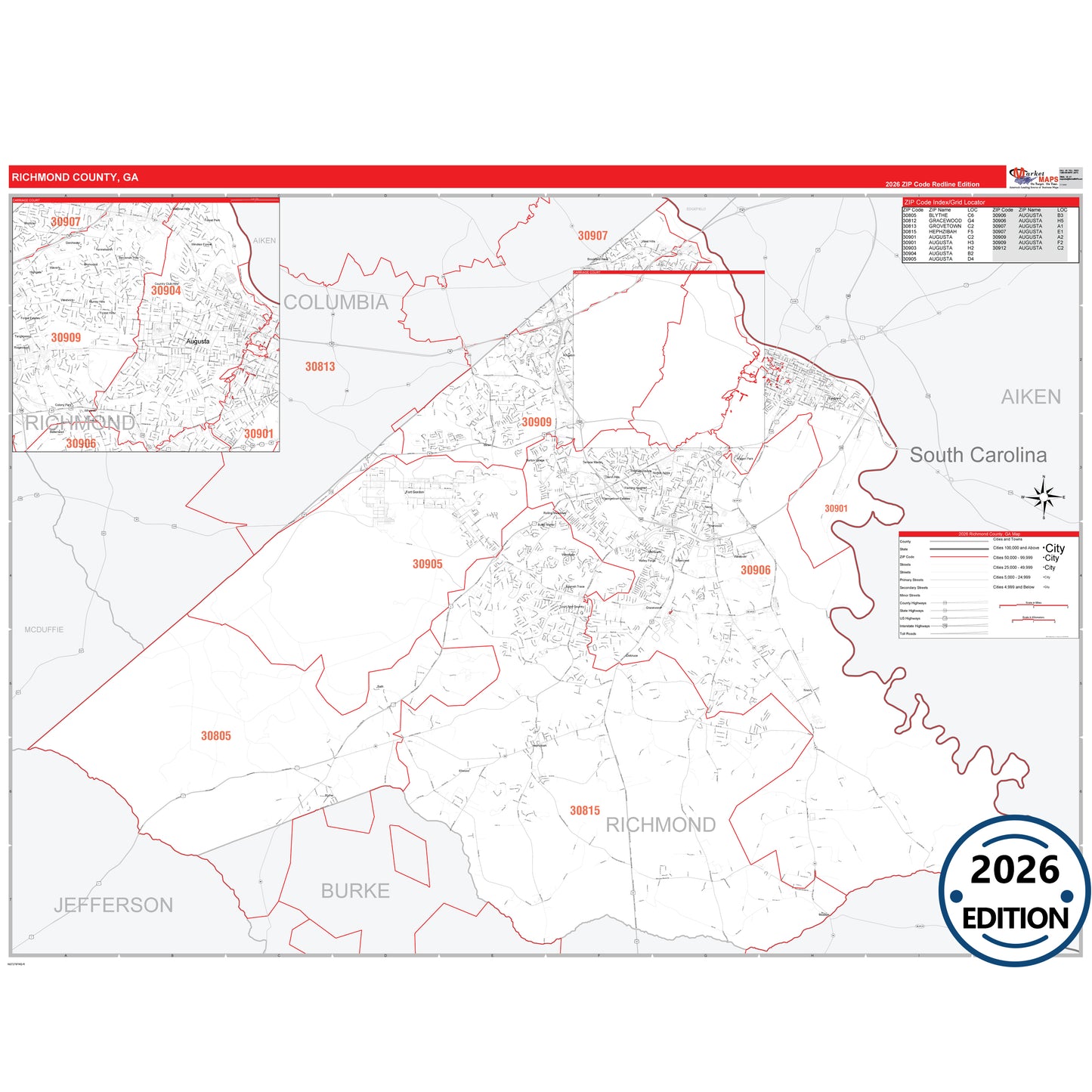 Richmond County, GA Red Line 5 Digit ZIP Code Wall Map