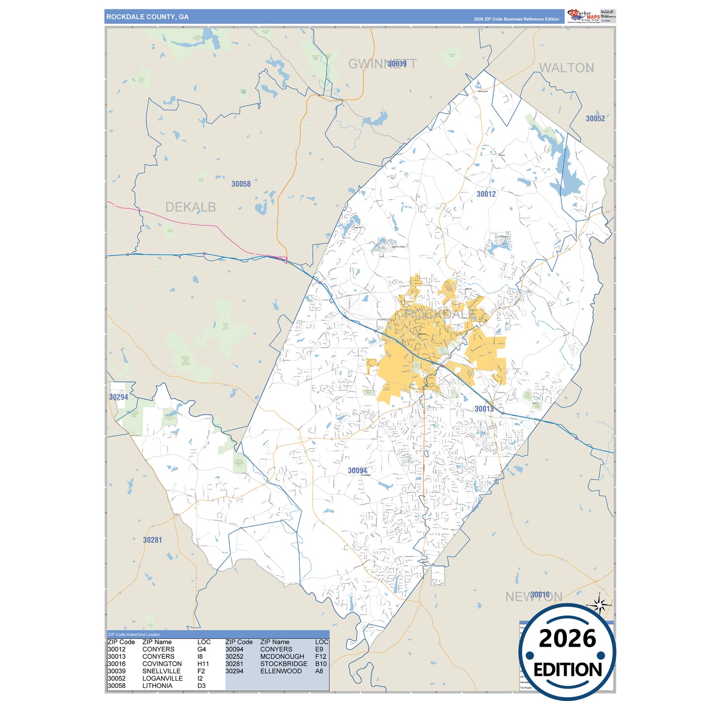 Rockdale County, GA Business Reference 5 Digit ZIP Code Wall Map