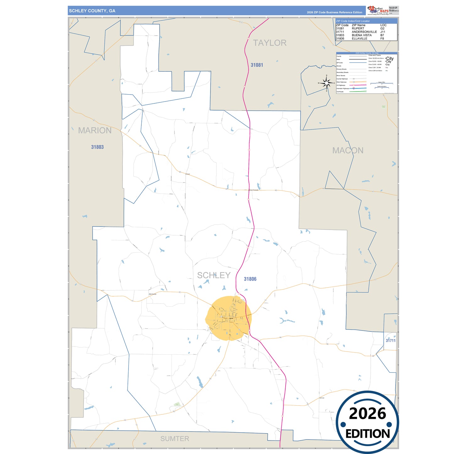 Schley County, GA Business Reference 5 Digit ZIP Code Wall Map