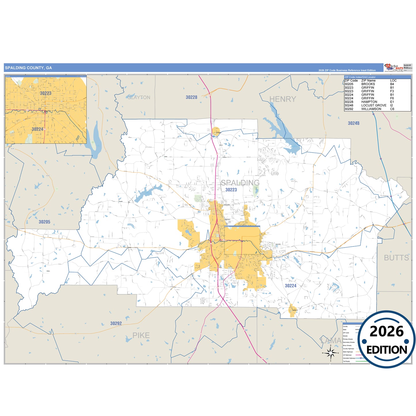 Spalding County, GA Business Reference 5 Digit ZIP Code Wall Map