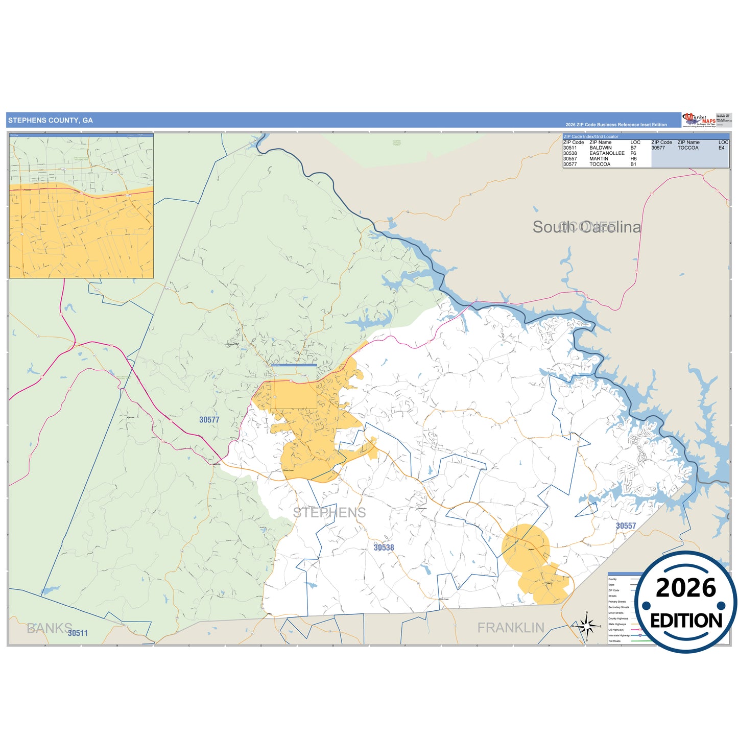 Stephens County, GA Business Reference 5 Digit ZIP Code Wall Map