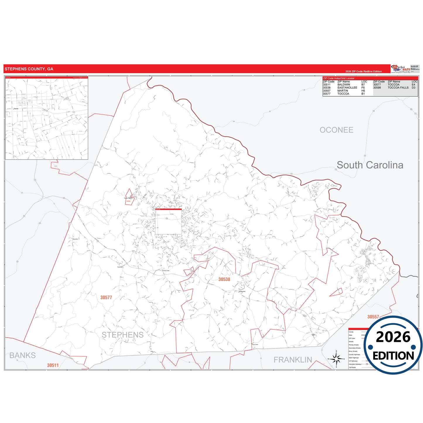 Stephens County, GA Red Line 5 Digit ZIP Code Wall Map