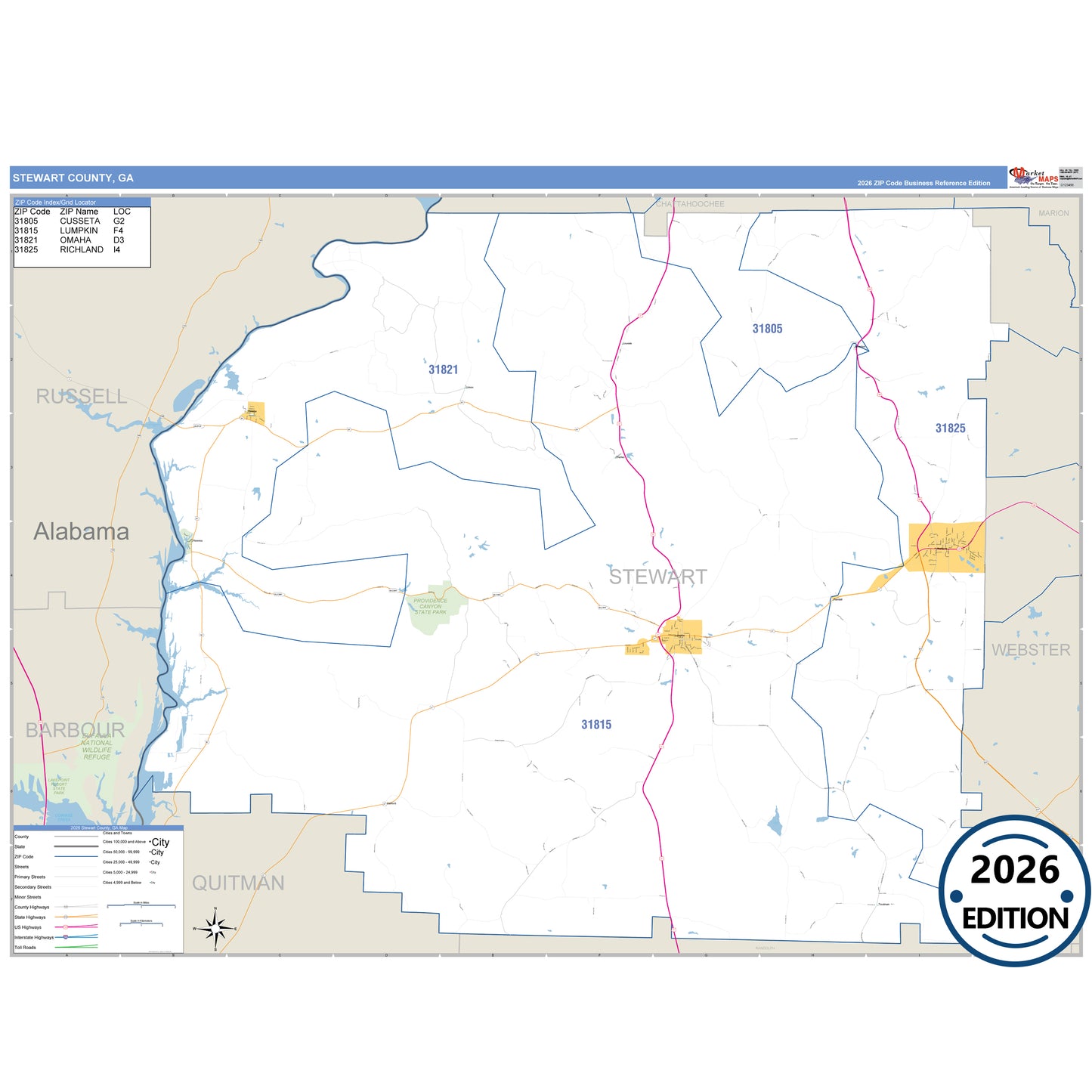 Stewart County, GA Business Reference 5 Digit ZIP Code Wall Map