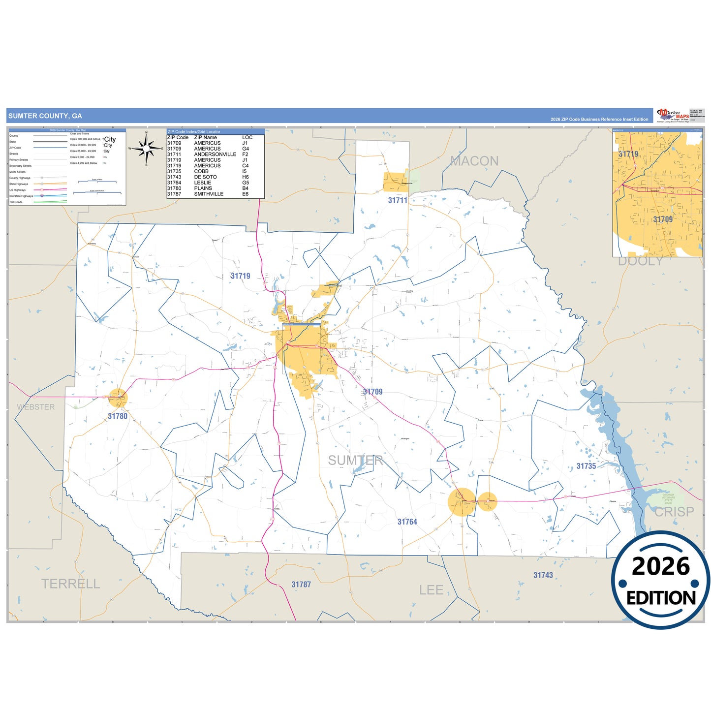 Sumter County, GA Business Reference 5 Digit ZIP Code Wall Map