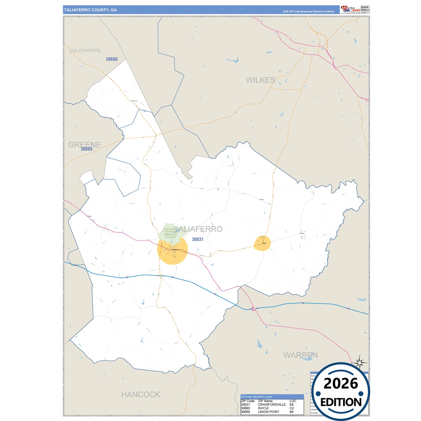 Taliaferro County, GA Business Reference 5 Digit ZIP Code Wall Map