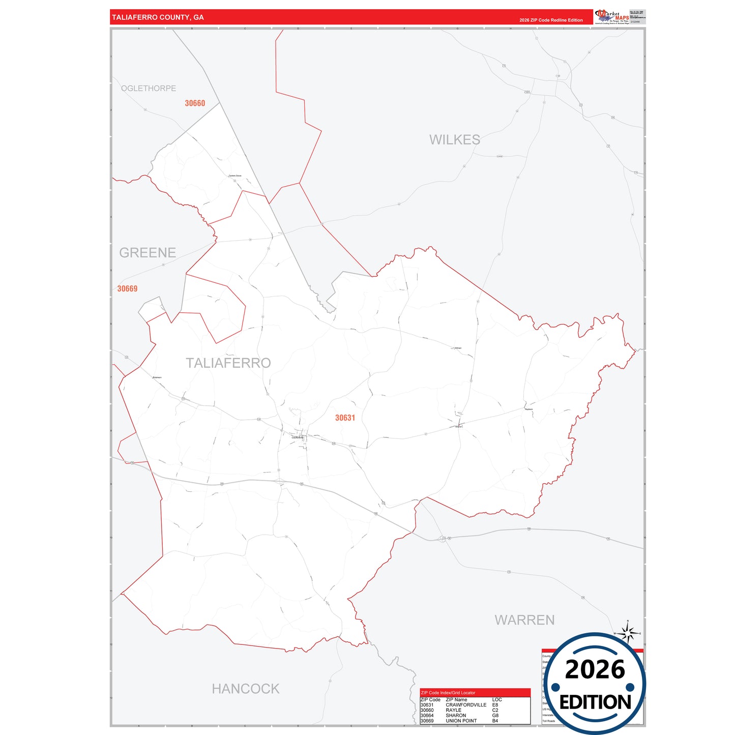 Taliaferro County, GA Red Line 5 Digit ZIP Code Wall Map