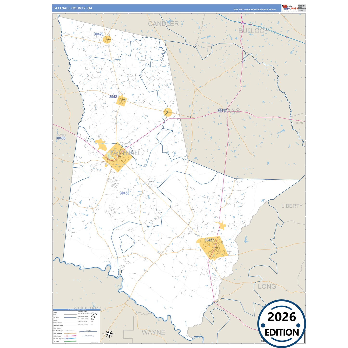 Tattnall County, GA Business Reference 5 Digit ZIP Code Wall Map