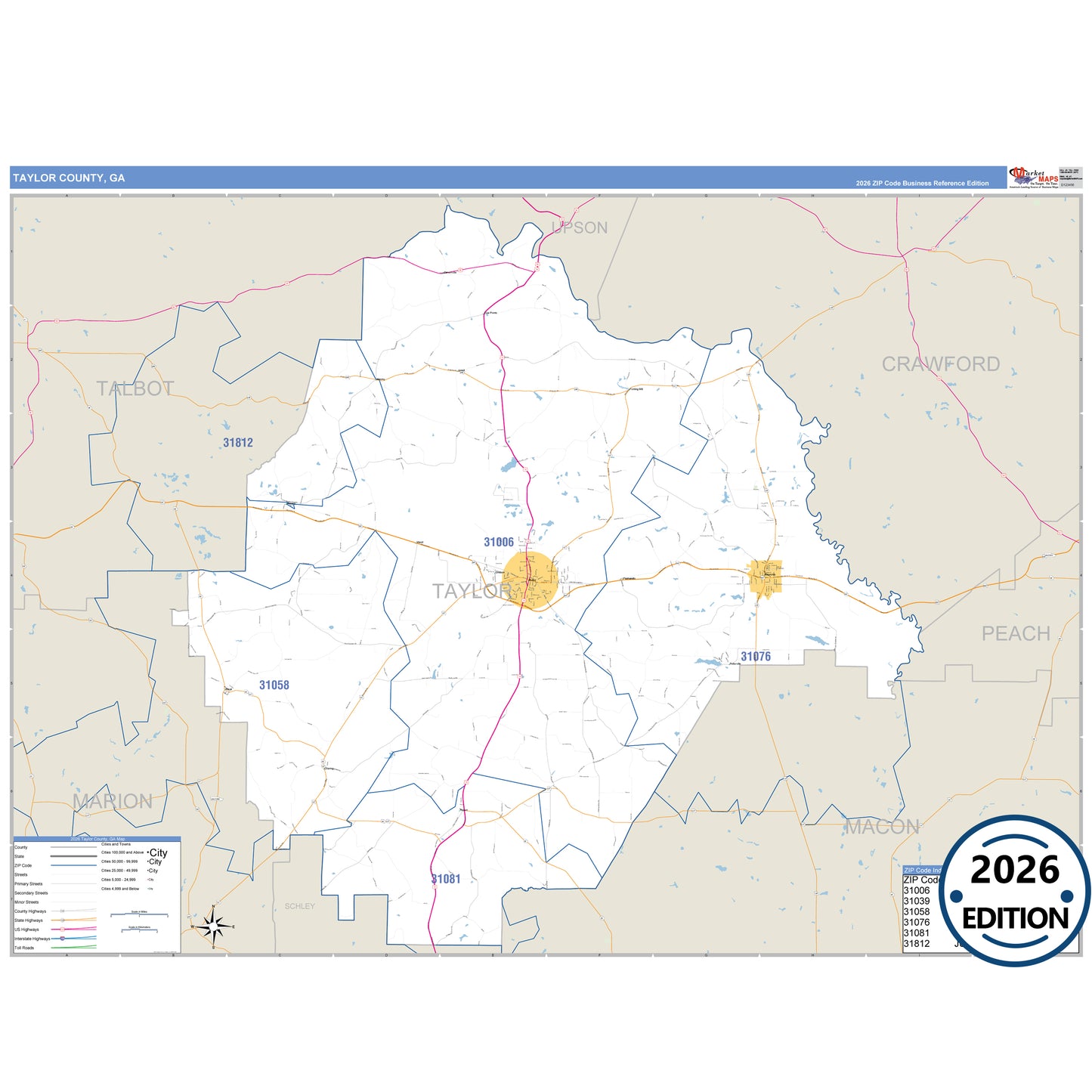 Taylor County, GA Business Reference 5 Digit ZIP Code Wall Map