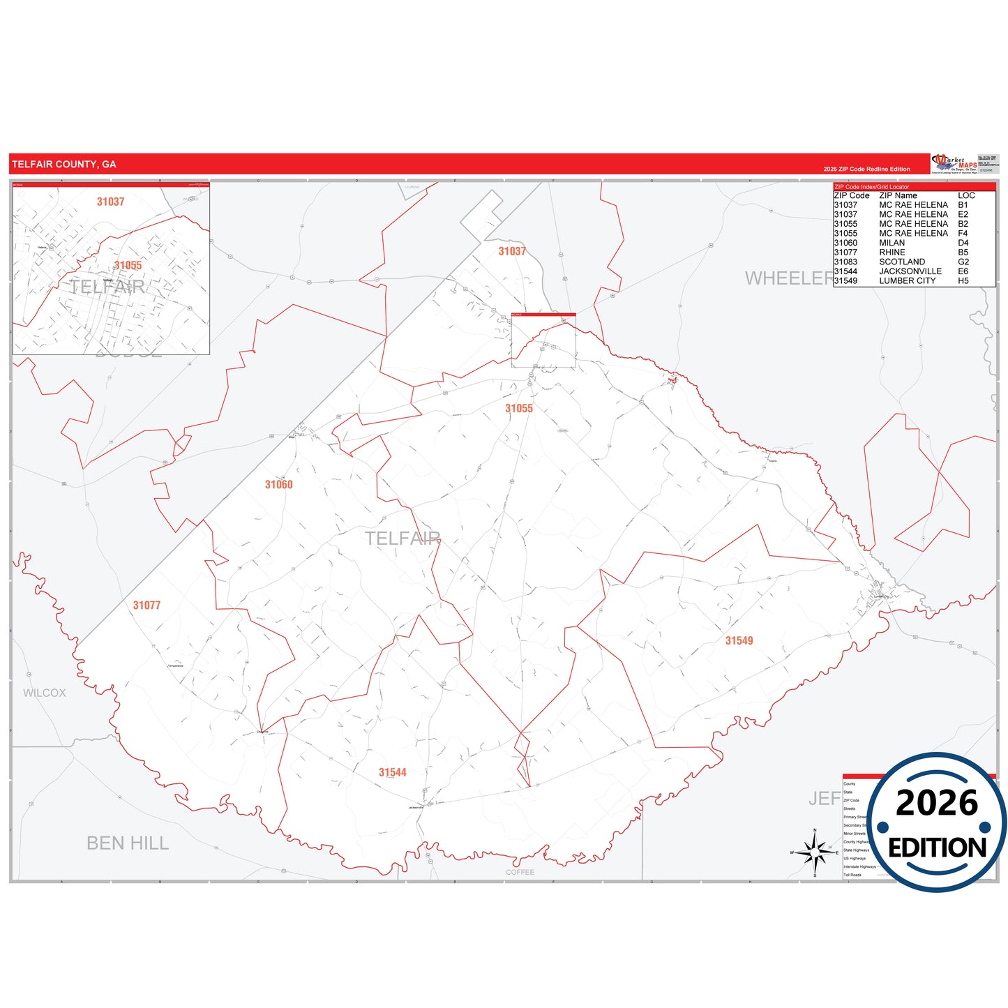 Telfair County, GA Red Line 5 Digit ZIP Code Wall Map