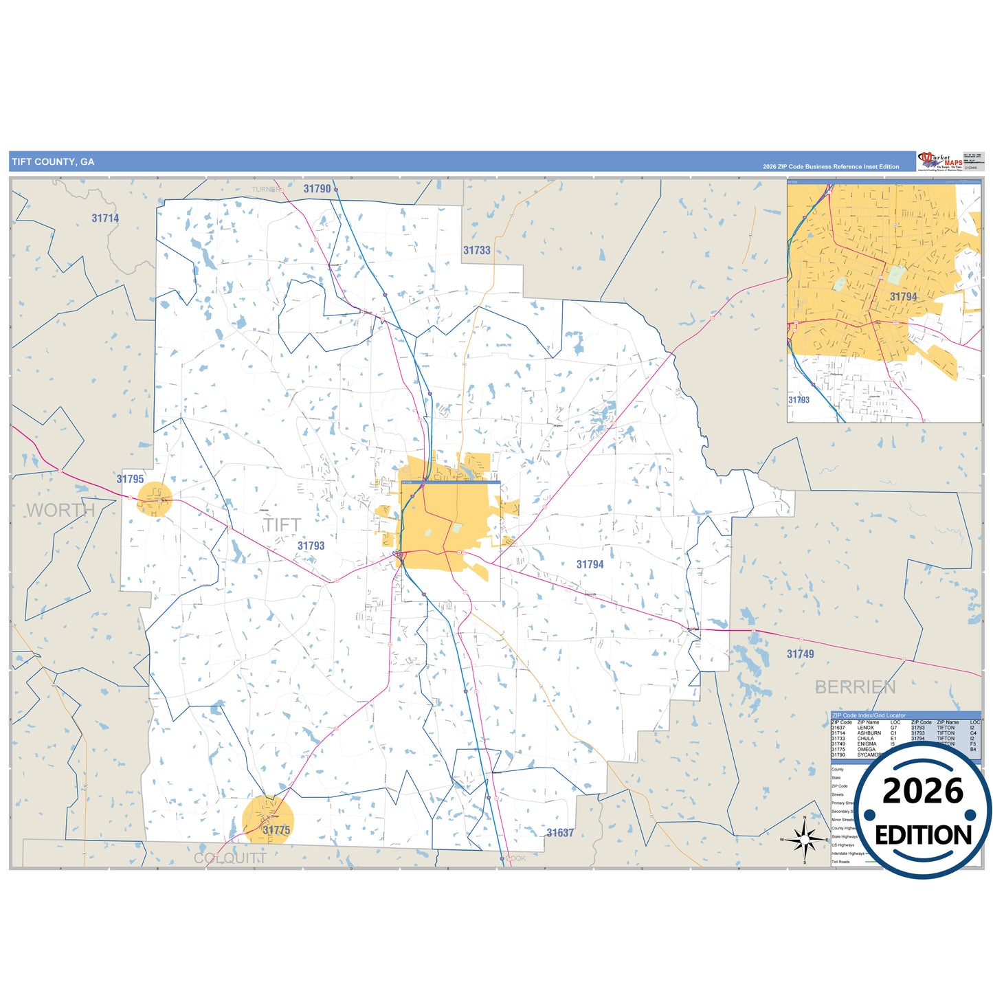 Tift County, GA Business Reference 5 Digit ZIP Code Wall Map