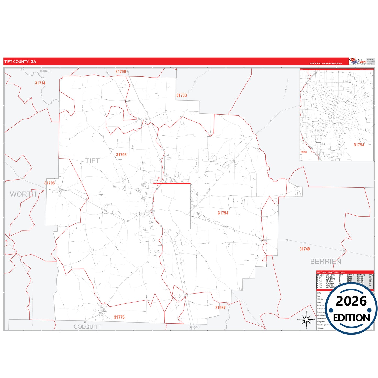 Tift County, GA Red Line 5 Digit ZIP Code Wall Map