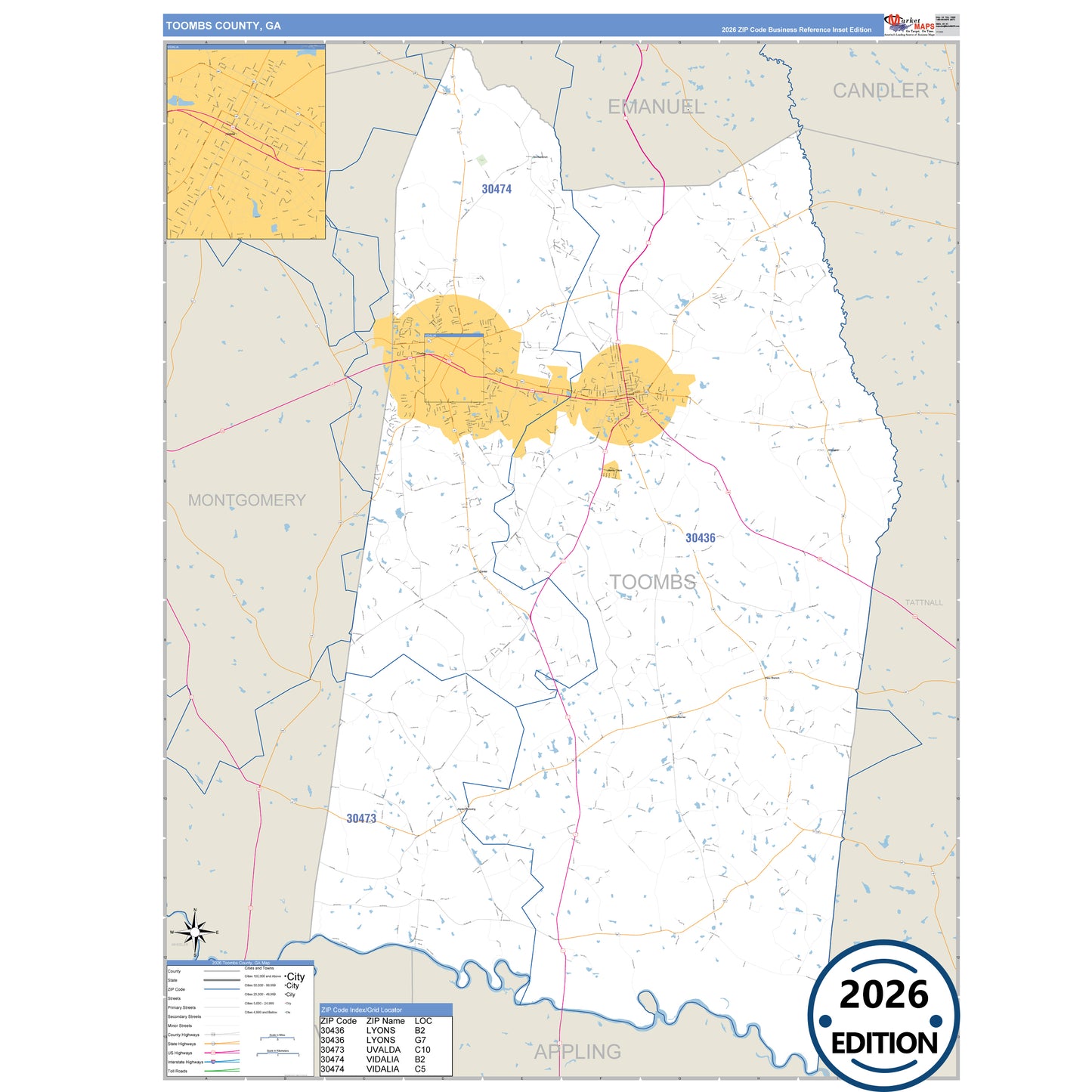 Toombs County, GA Business Reference 5 Digit ZIP Code Wall Map