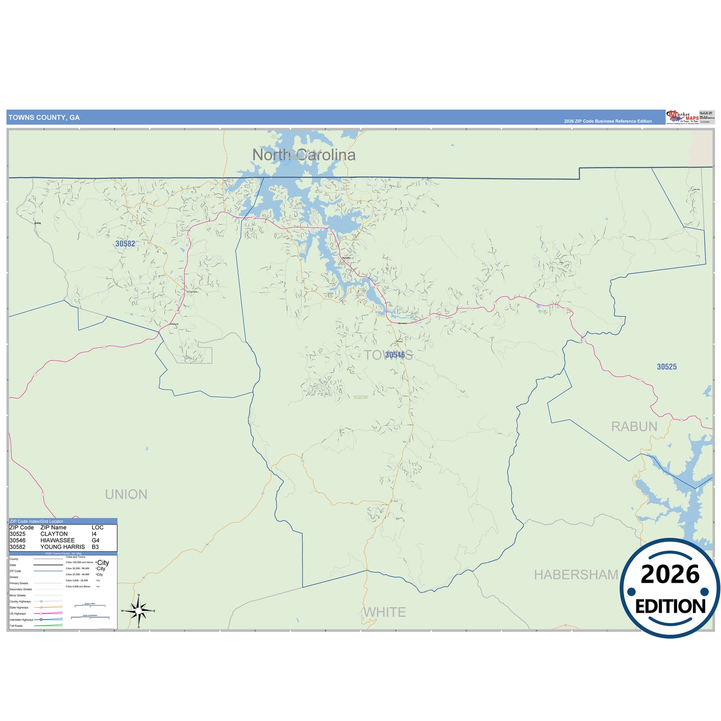 Towns County, GA Business Reference 5 Digit ZIP Code Wall Map
