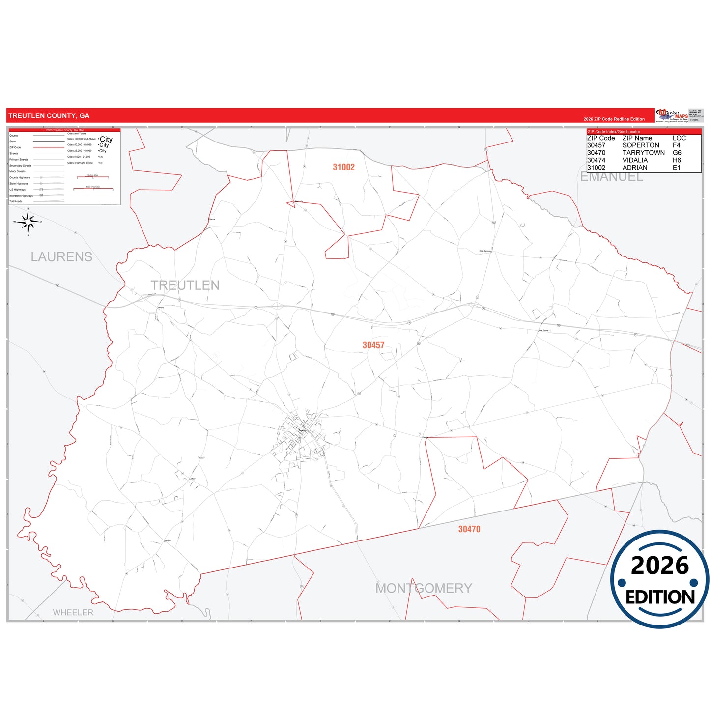 Treutlen County, GA Red Line 5 Digit ZIP Code Wall Map