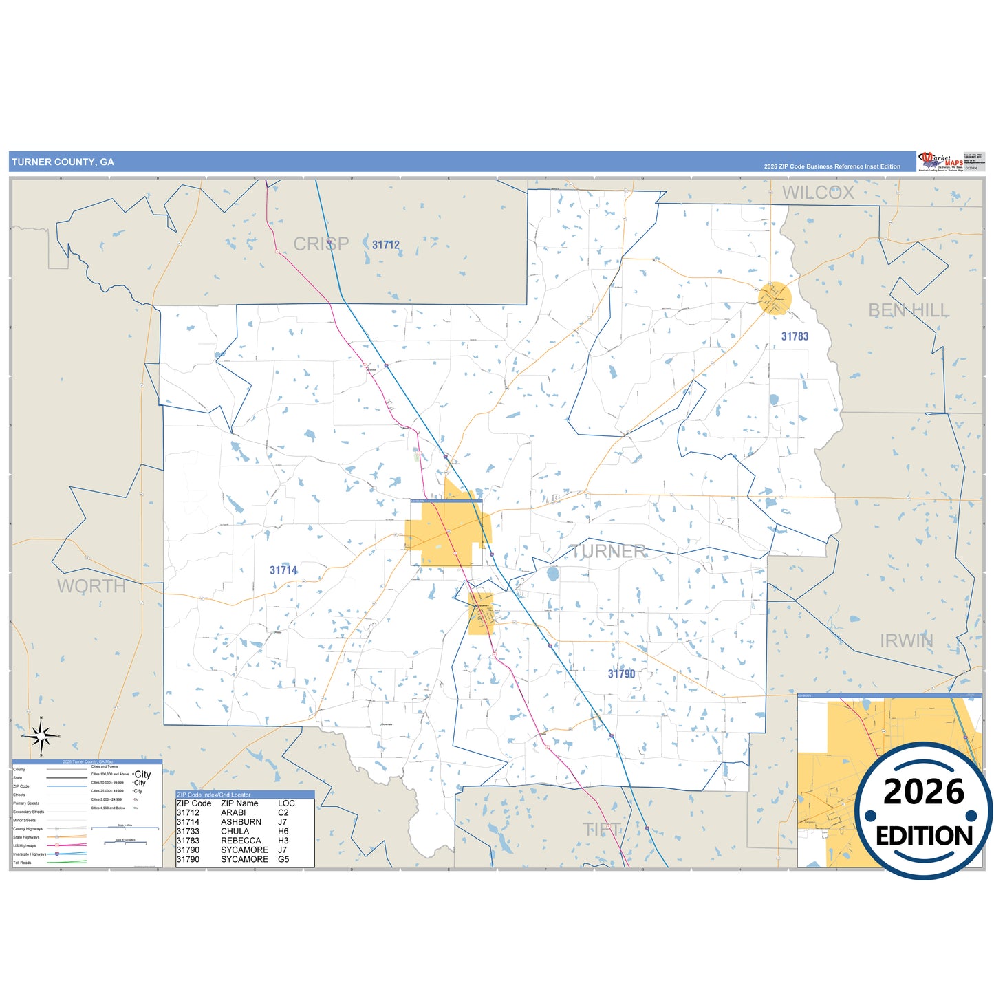 Turner County, GA Business Reference 5 Digit ZIP Code Wall Map