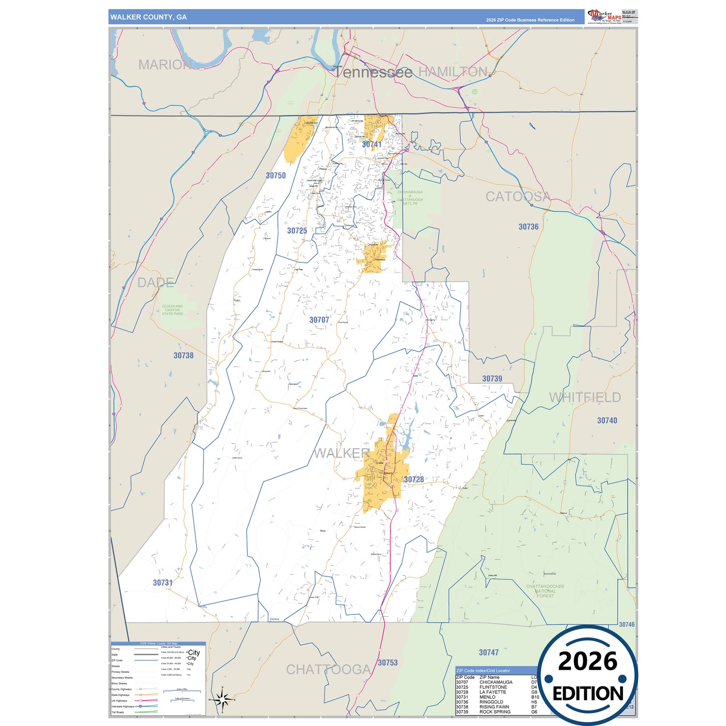 Walker County, GA Business Reference 5 Digit ZIP Code Wall Map