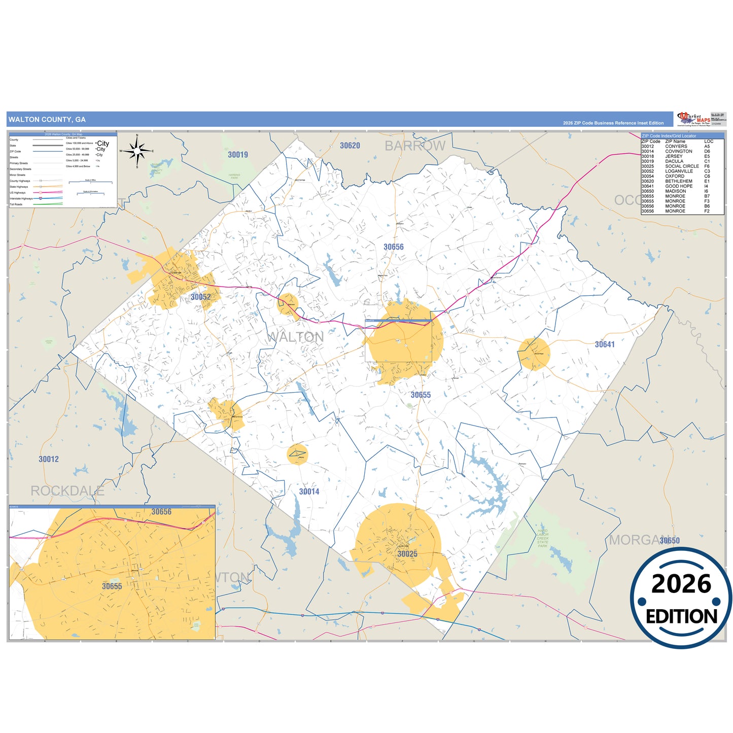 Walton County, GA Business Reference 5 Digit ZIP Code Wall Map