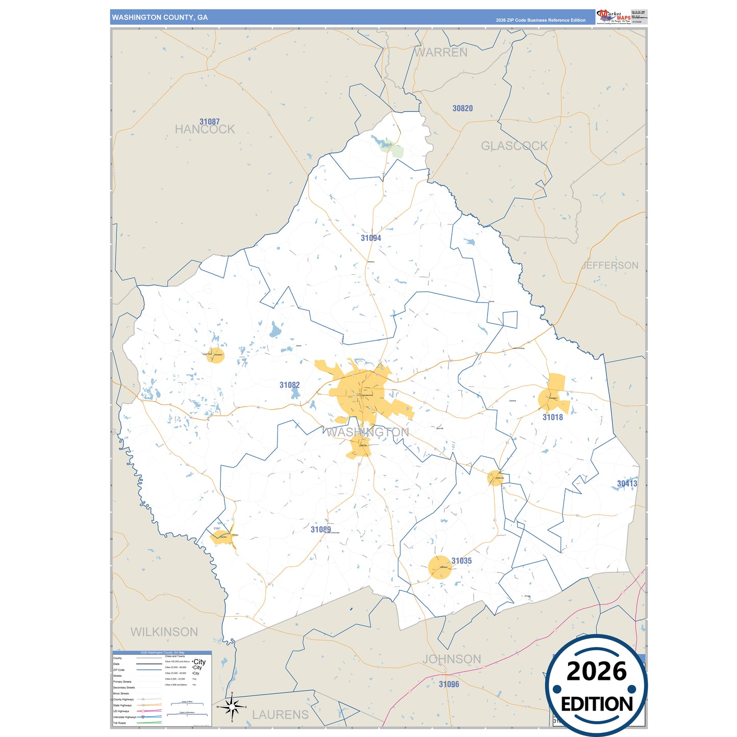 Washington County, GA Business Reference 5 Digit ZIP Code Wall Map