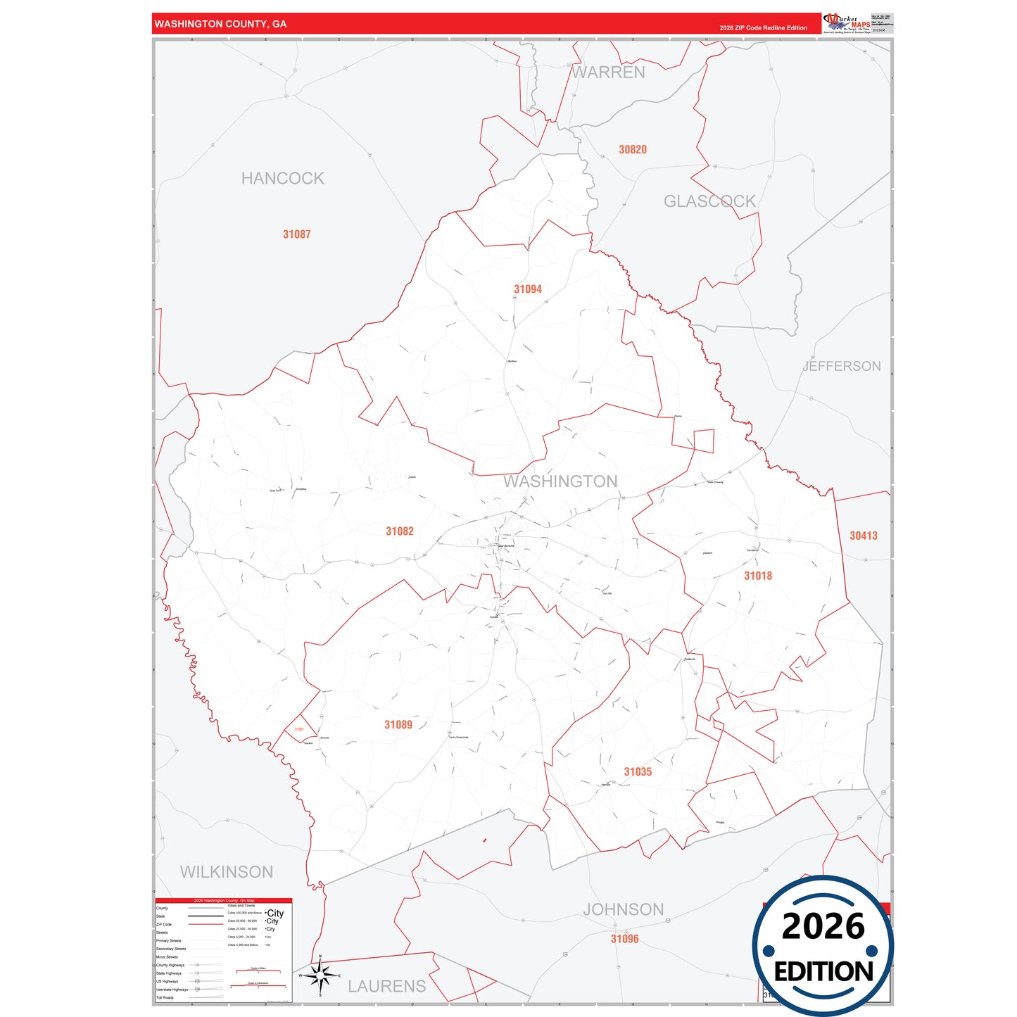 Washington County, GA Red Line 5 Digit ZIP Code Wall Map