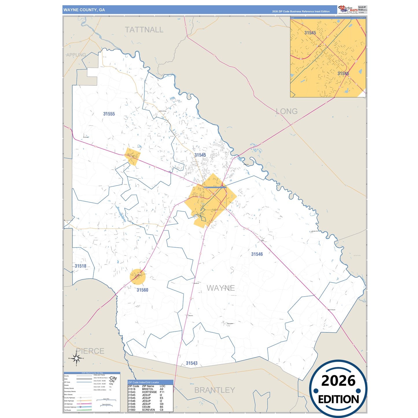 Wayne County, GA Business Reference 5 Digit ZIP Code Wall Map