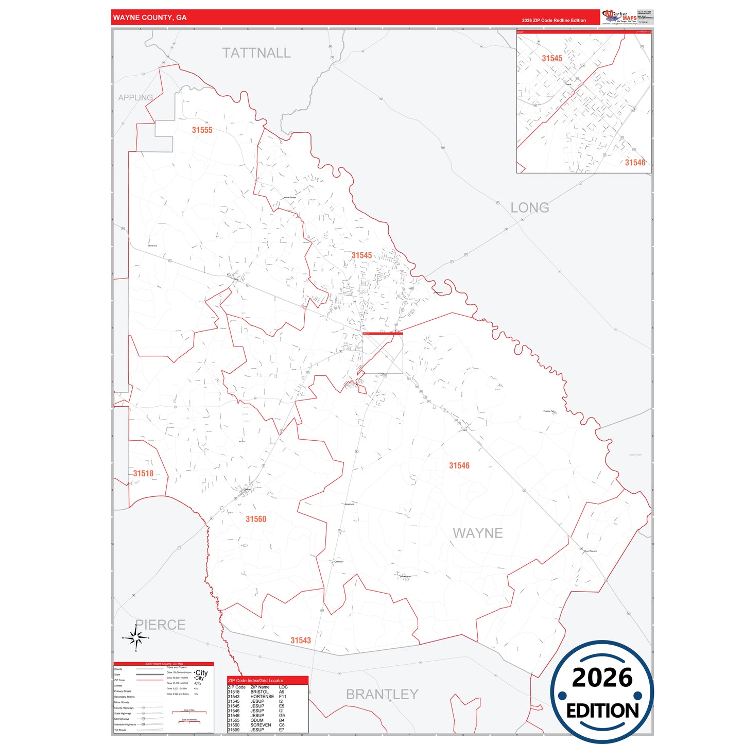 Wayne County, GA Red Line 5 Digit ZIP Code Wall Map