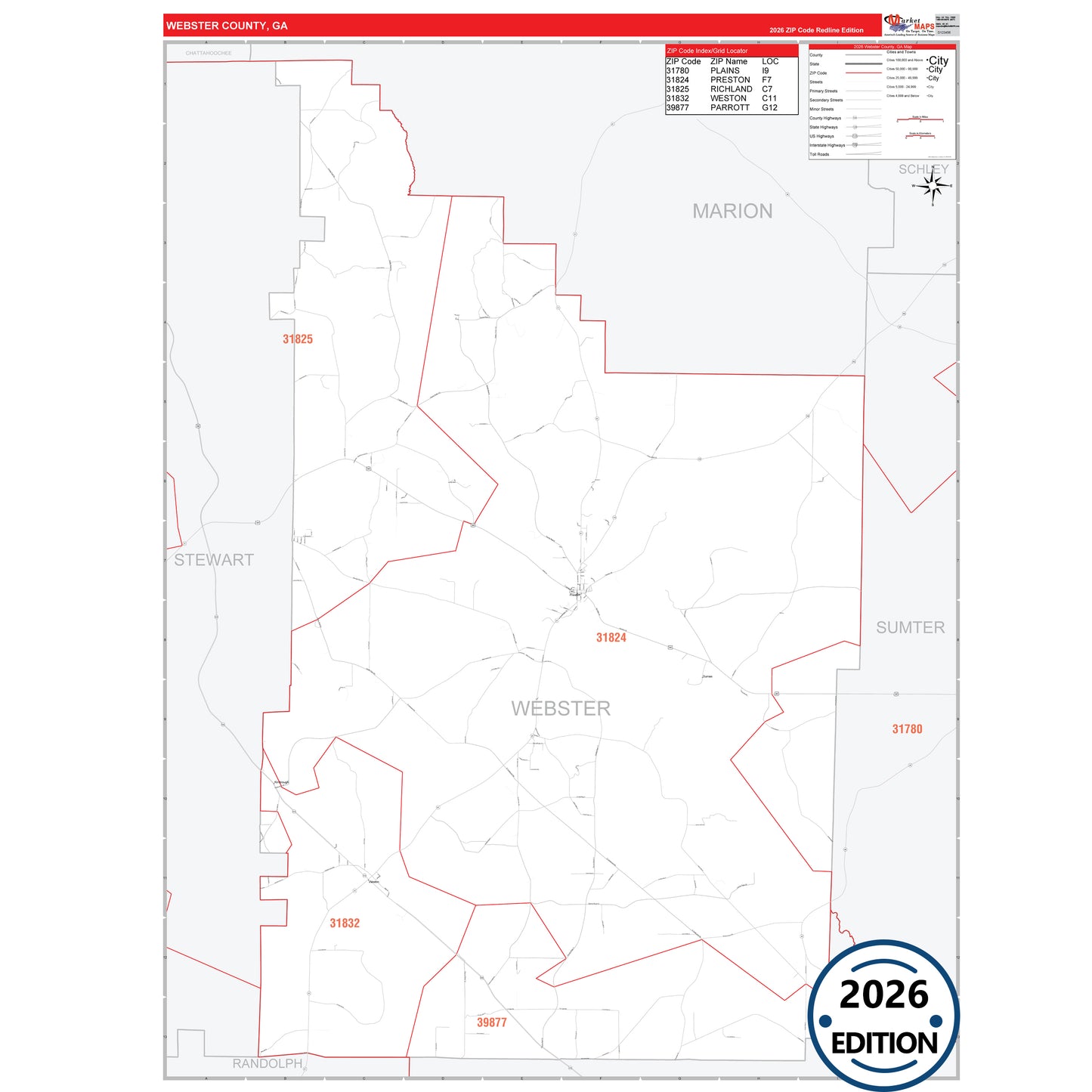 Webster County, GA Red Line 5 Digit ZIP Code Wall Map