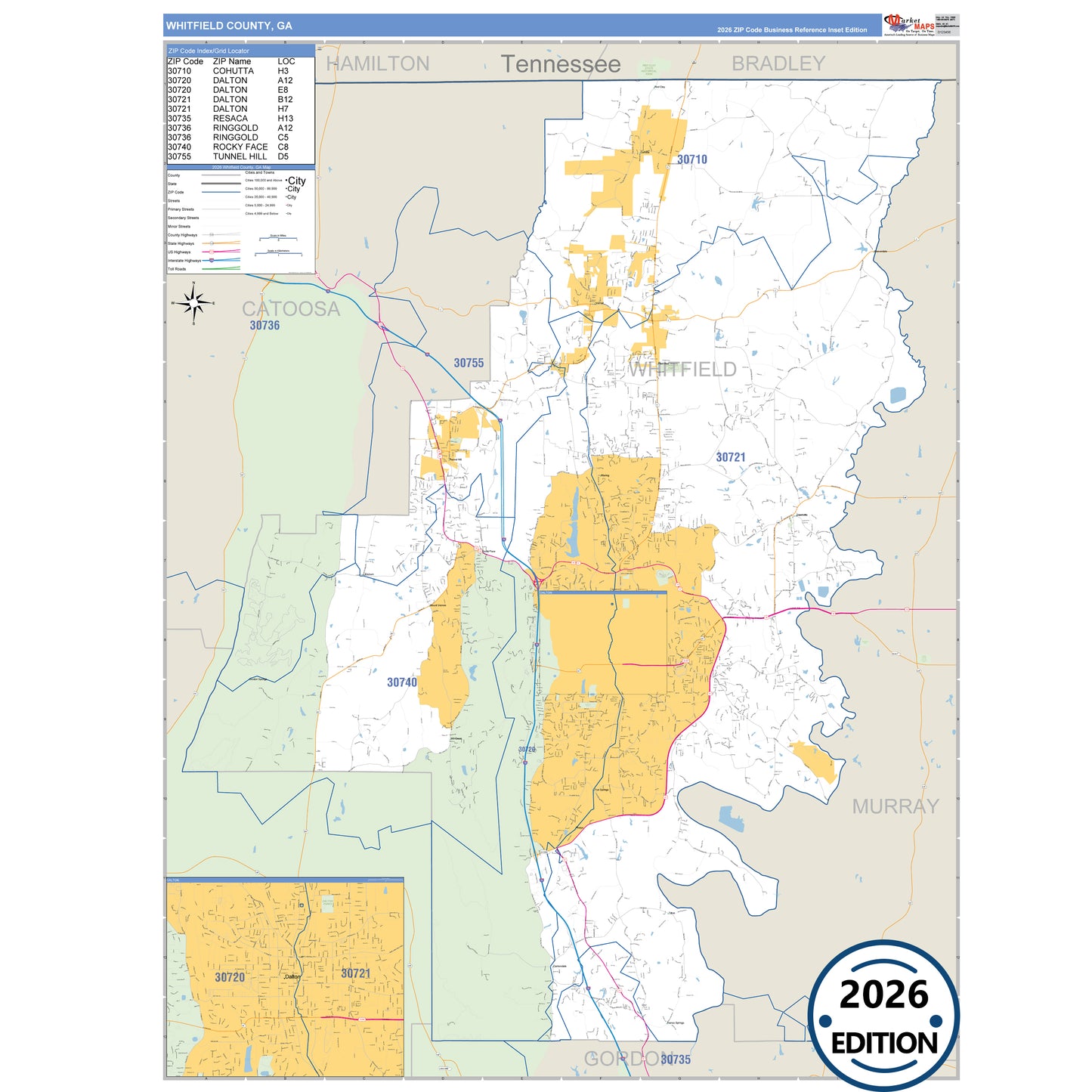 Whitfield County, GA Business Reference 5 Digit ZIP Code Wall Map
