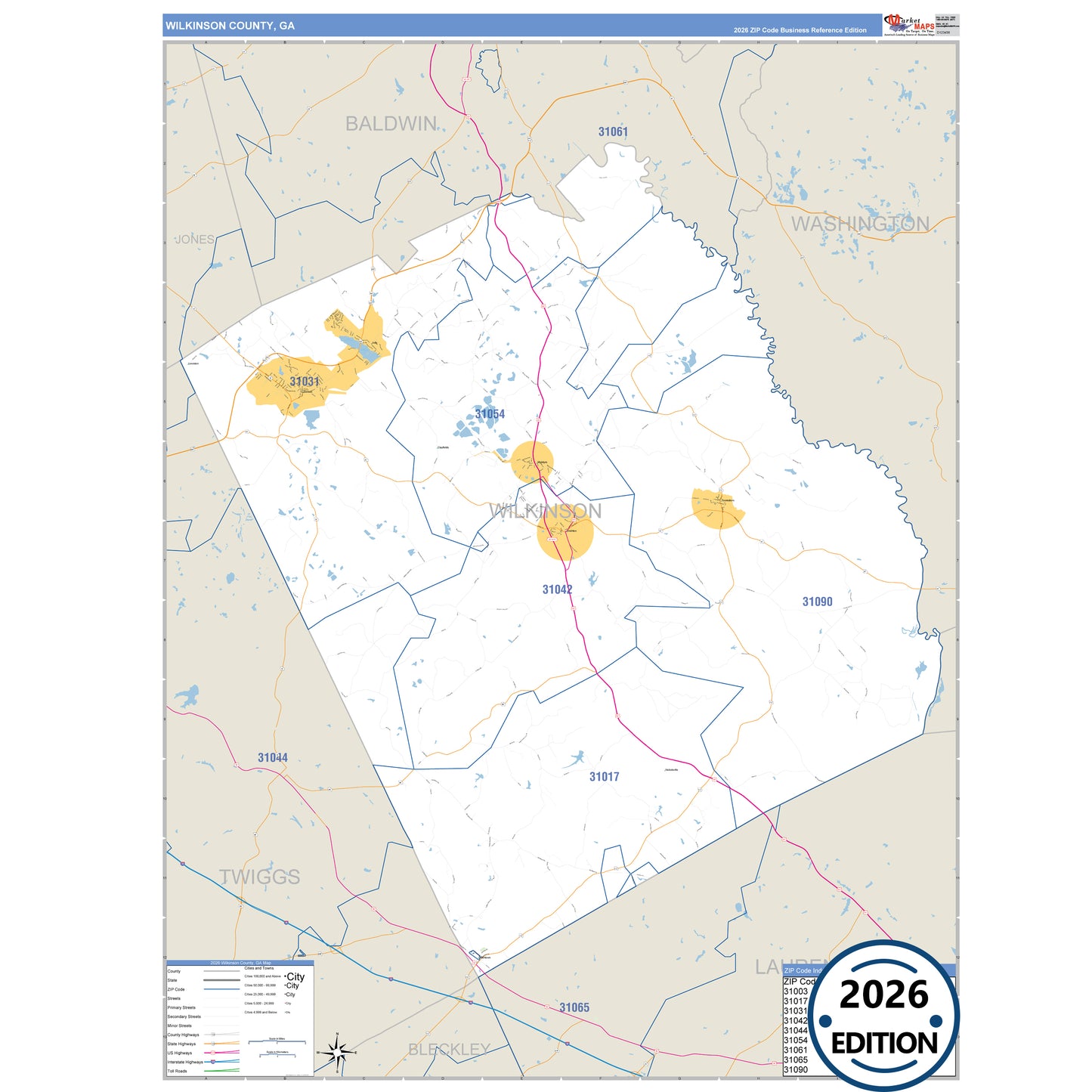 Wilkinson County, GA Business Reference 5 Digit ZIP Code Wall Map