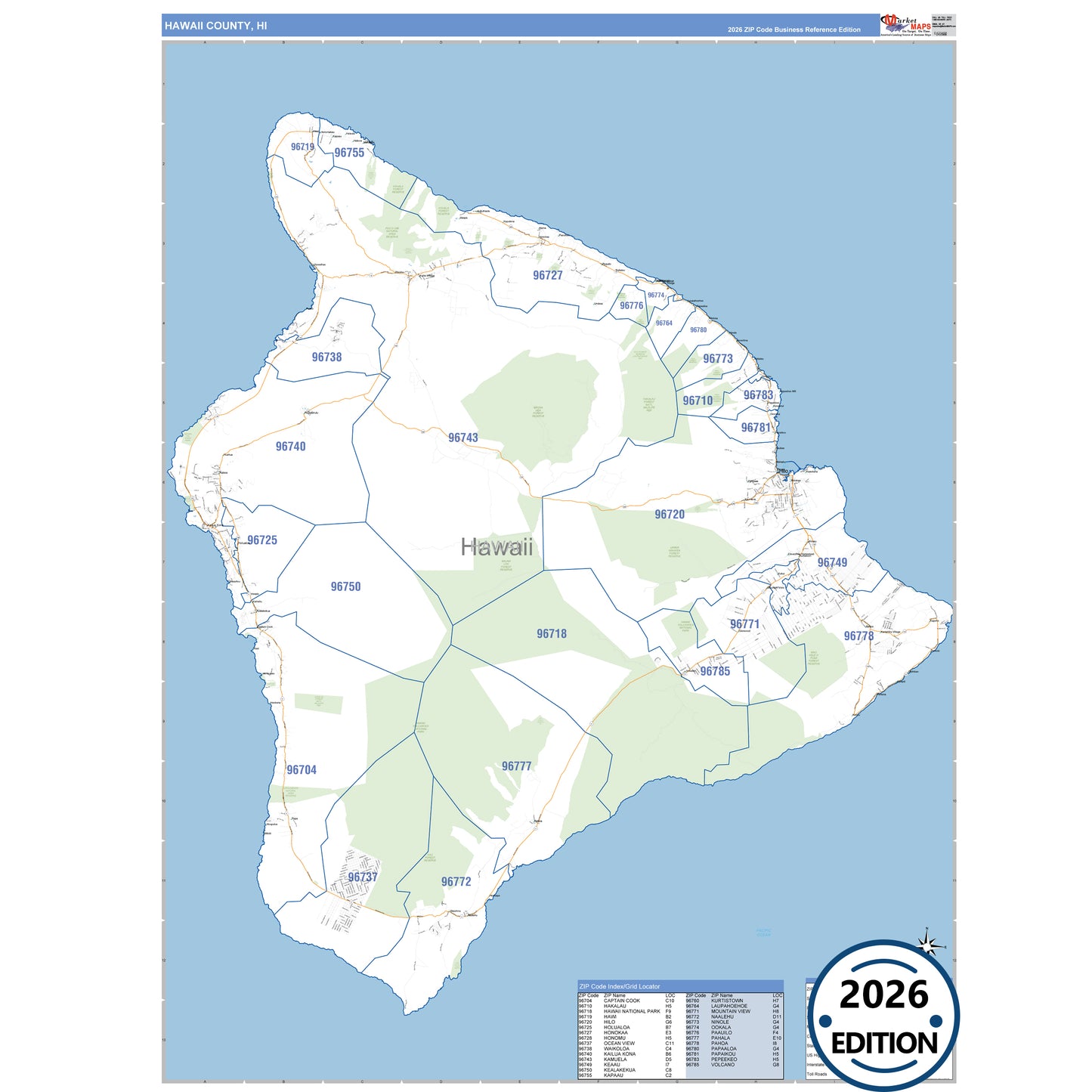 Hawaii County, HI Business Reference 5 Digit ZIP Code Wall Map