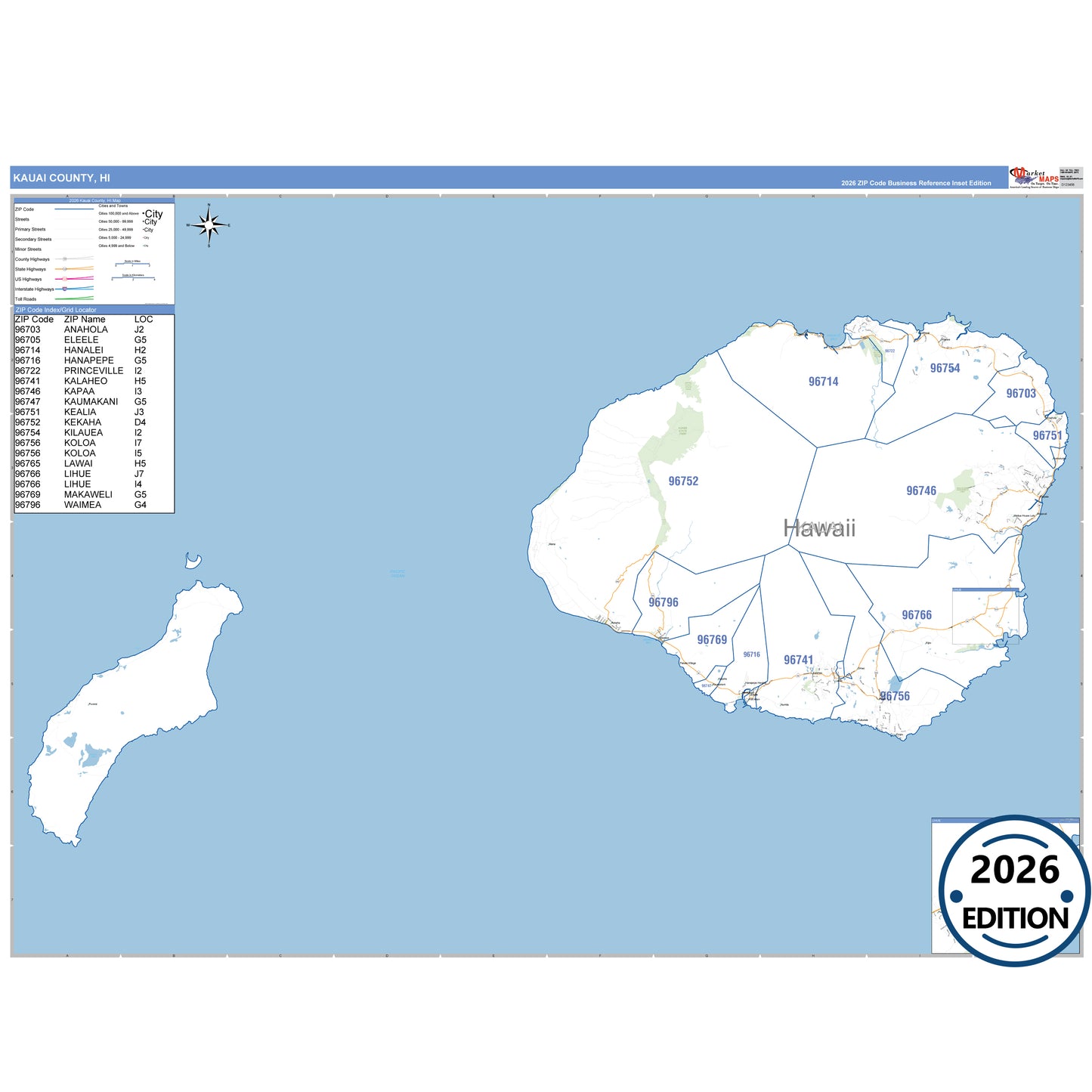 Kauai County, HI Business Reference 5 Digit ZIP Code Wall Map
