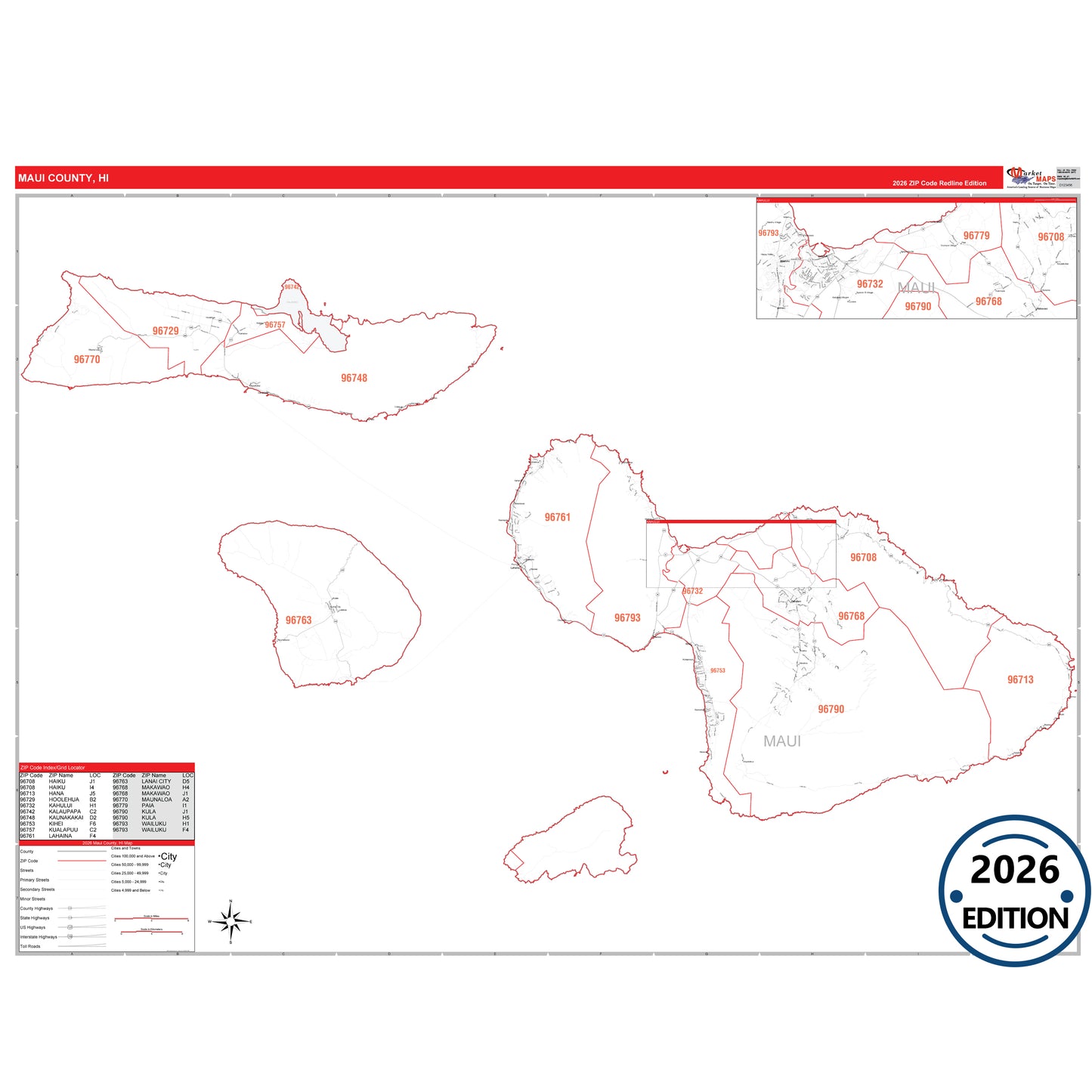 Maui County, HI Red Line 5 Digit ZIP Code Wall Map