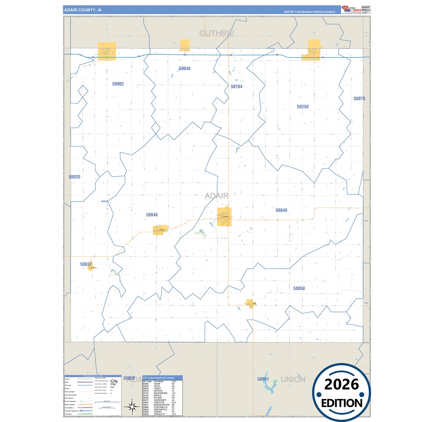 Adair County, IA Business Reference 5 Digit ZIP Code Wall Map