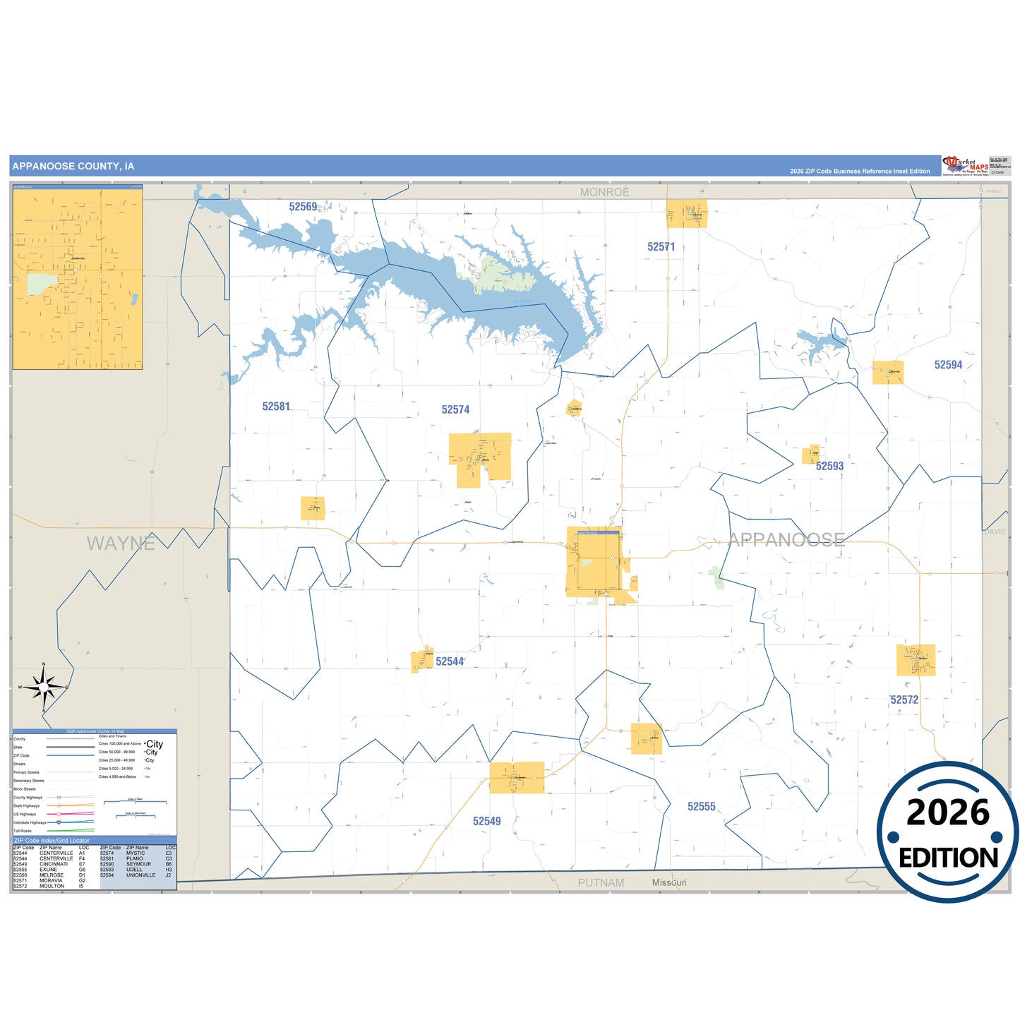 Appanoose County, IA Business Reference 5 Digit ZIP Code Wall Map