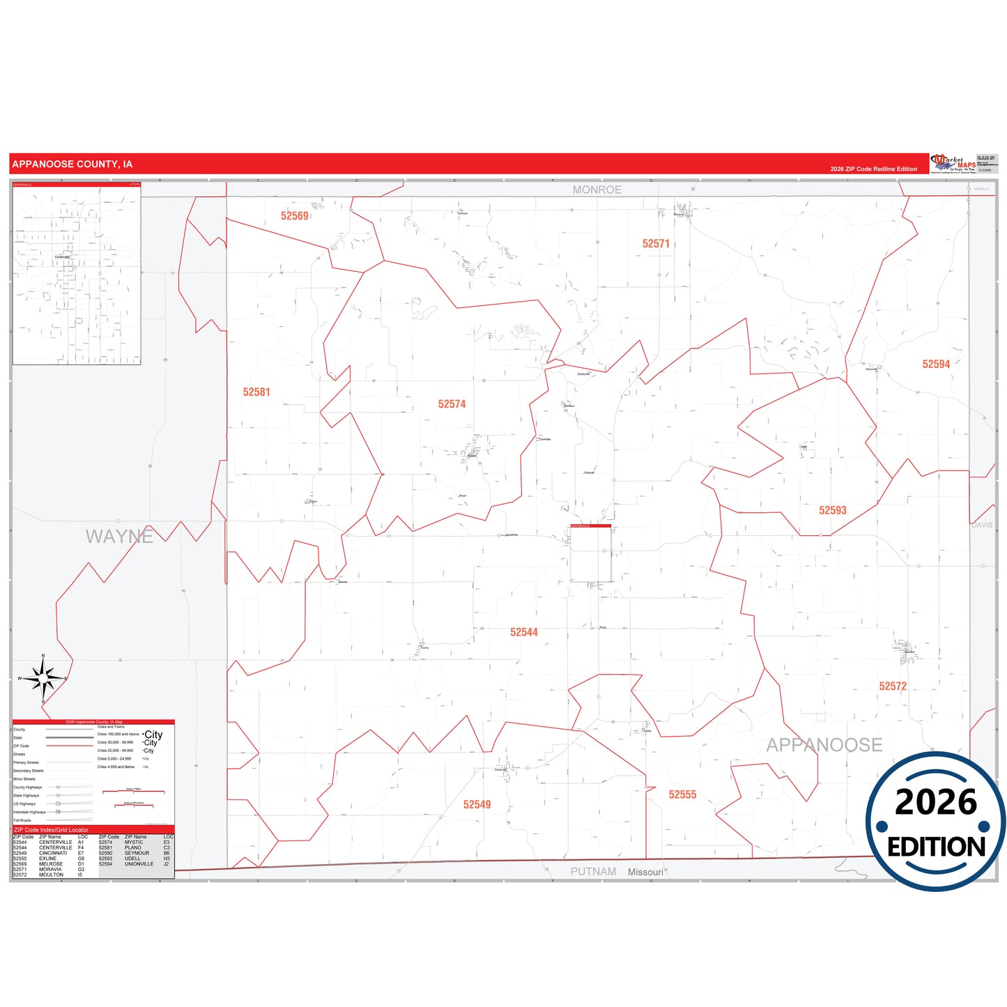 Appanoose County, IA Red Line 5 Digit ZIP Code Wall Map