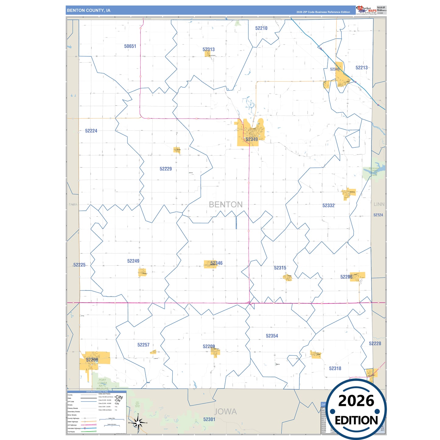 Benton County, IA Business Reference 5 Digit ZIP Code Wall Map