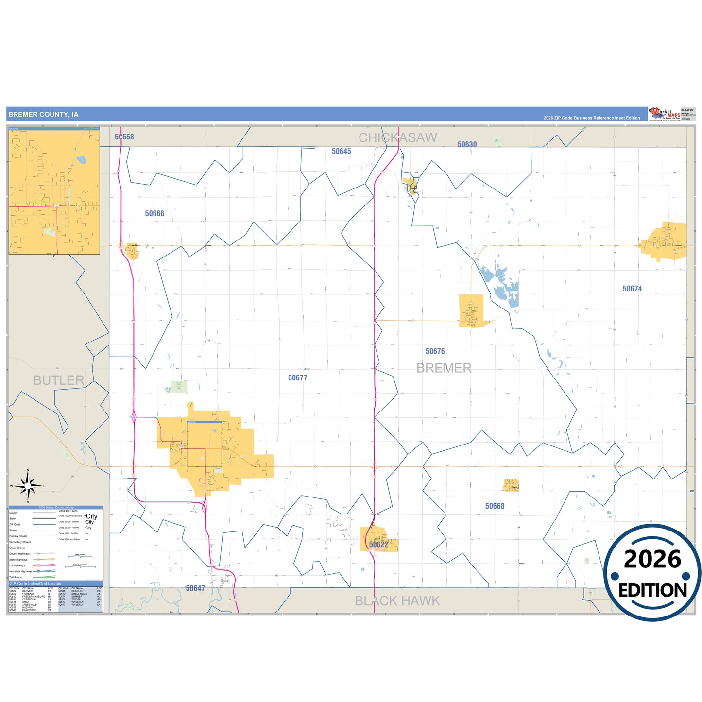 Bremer County, IA Business Reference 5 Digit ZIP Code Wall Map