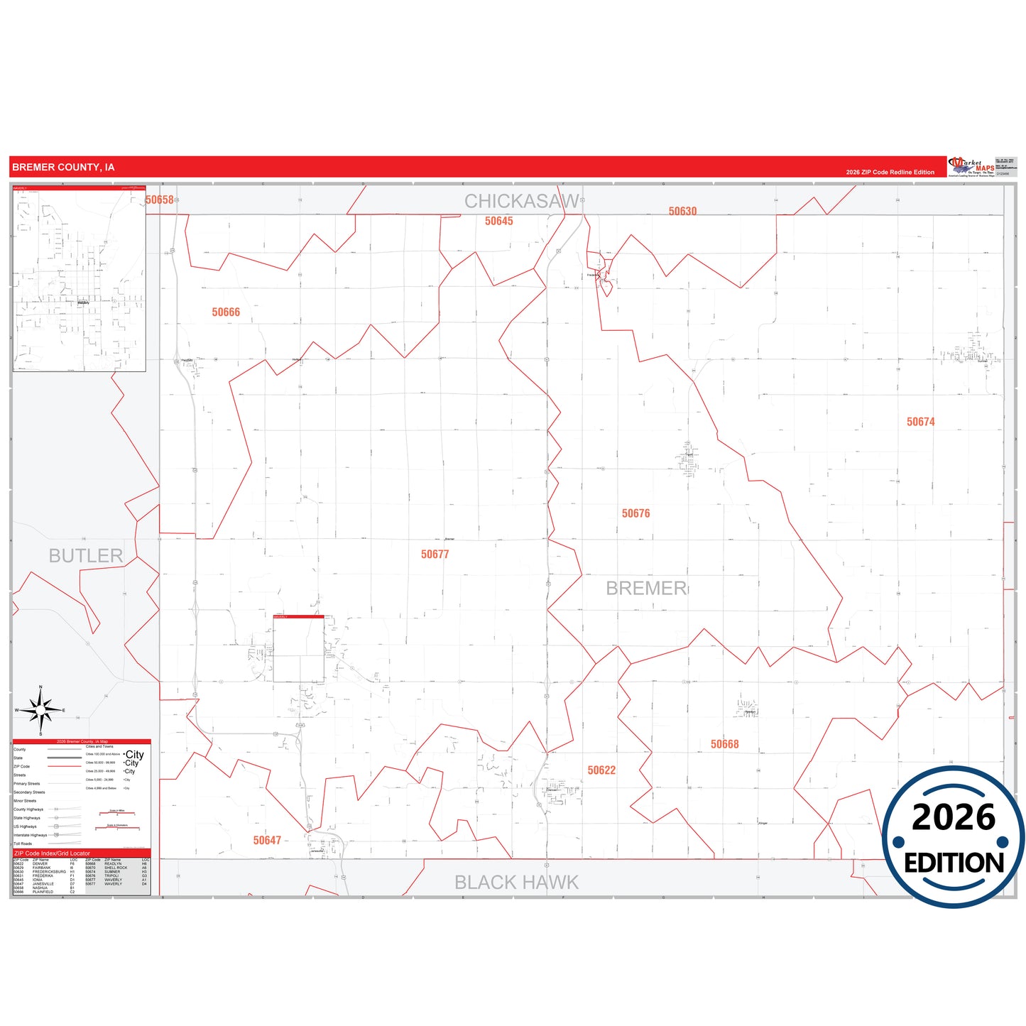 Bremer County, IA Red Line 5 Digit ZIP Code Wall Map