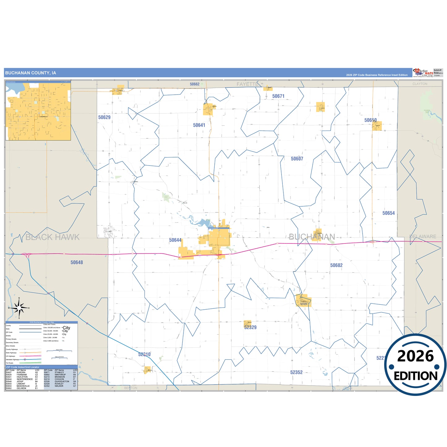 Buchanan County, IA Business Reference 5 Digit ZIP Code Wall Map