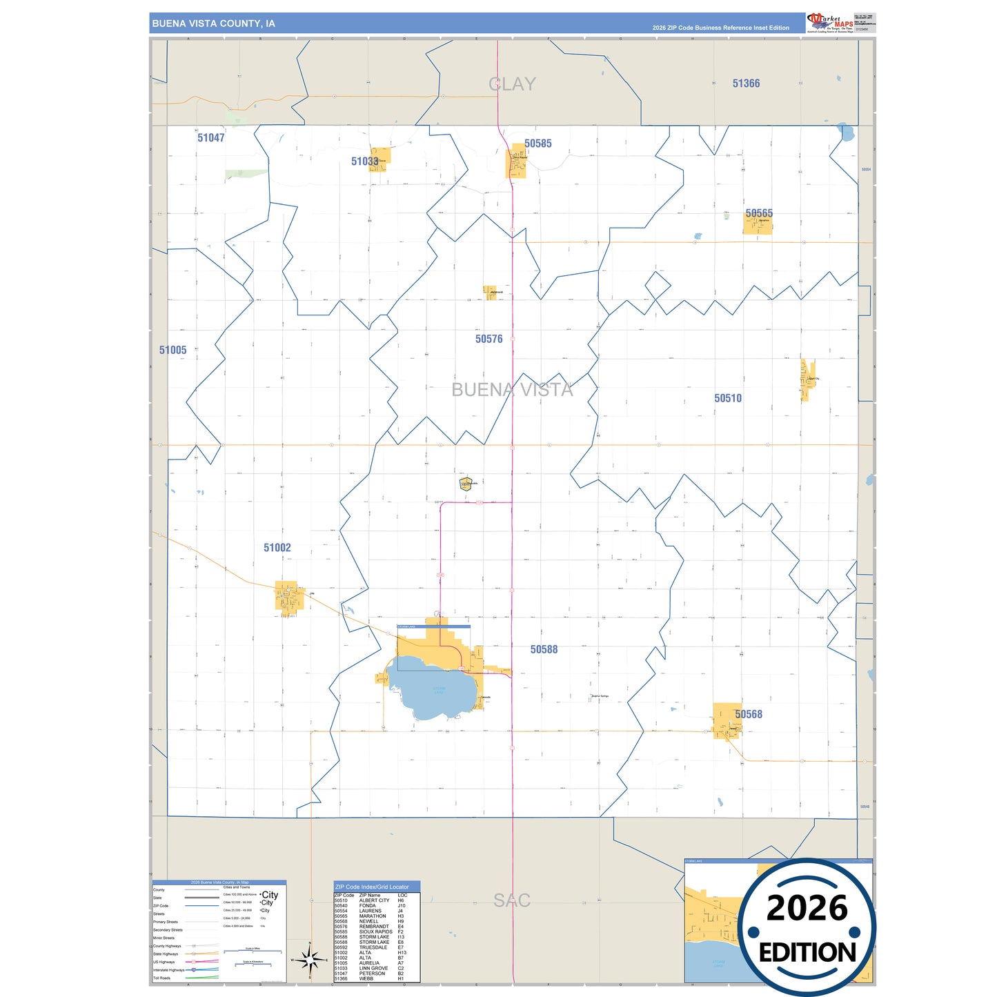 Buena Vista County, IA Business Reference 5 Digit ZIP Code Wall Map