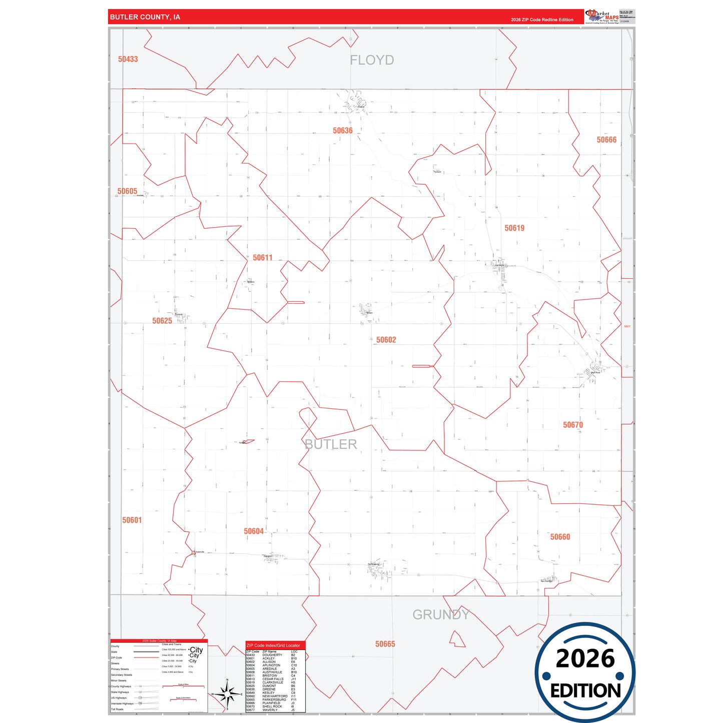 Butler County, IA Red Line 5 Digit ZIP Code Wall Map