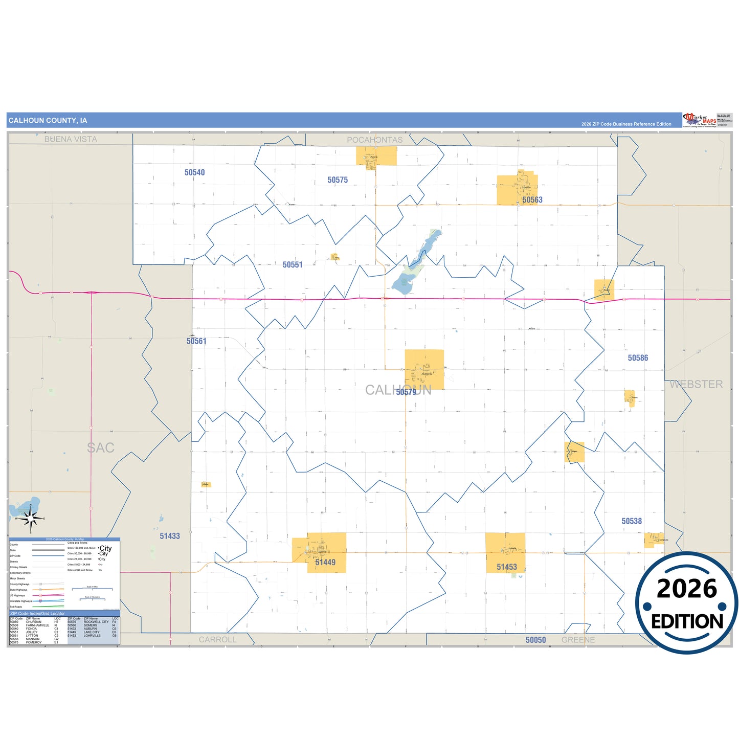Calhoun County, IA Business Reference 5 Digit ZIP Code Wall Map