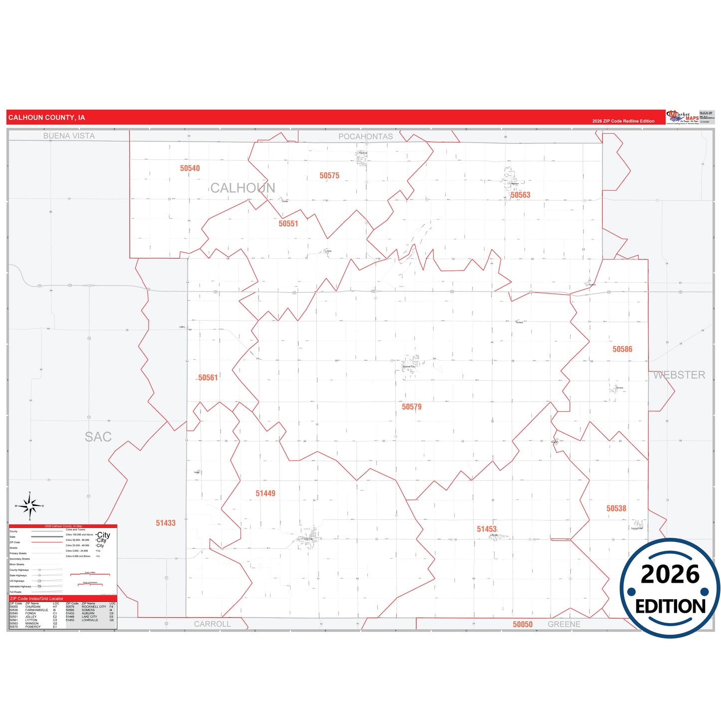 Calhoun County, IA Red Line 5 Digit ZIP Code Wall Map