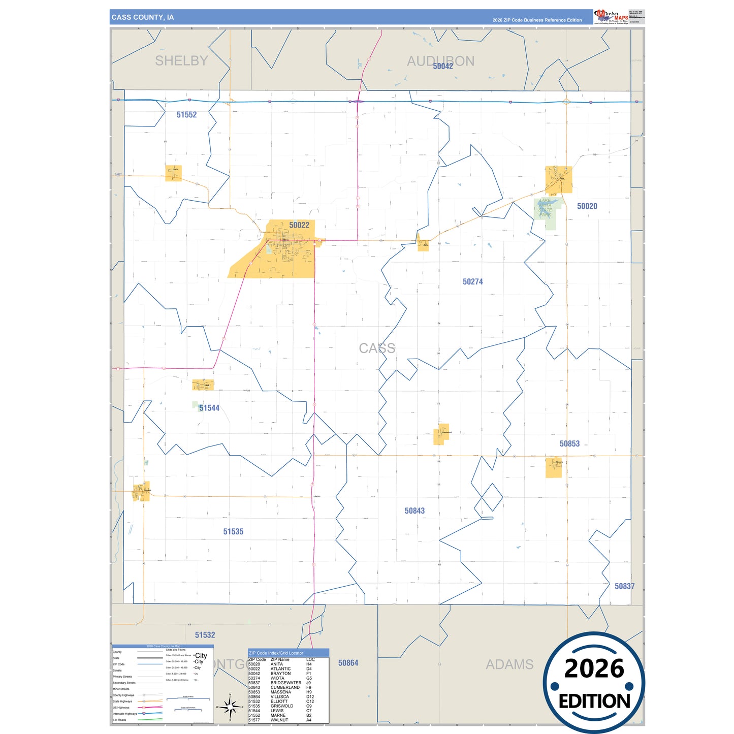 Cass County, IA Business Reference 5 Digit ZIP Code Wall Map