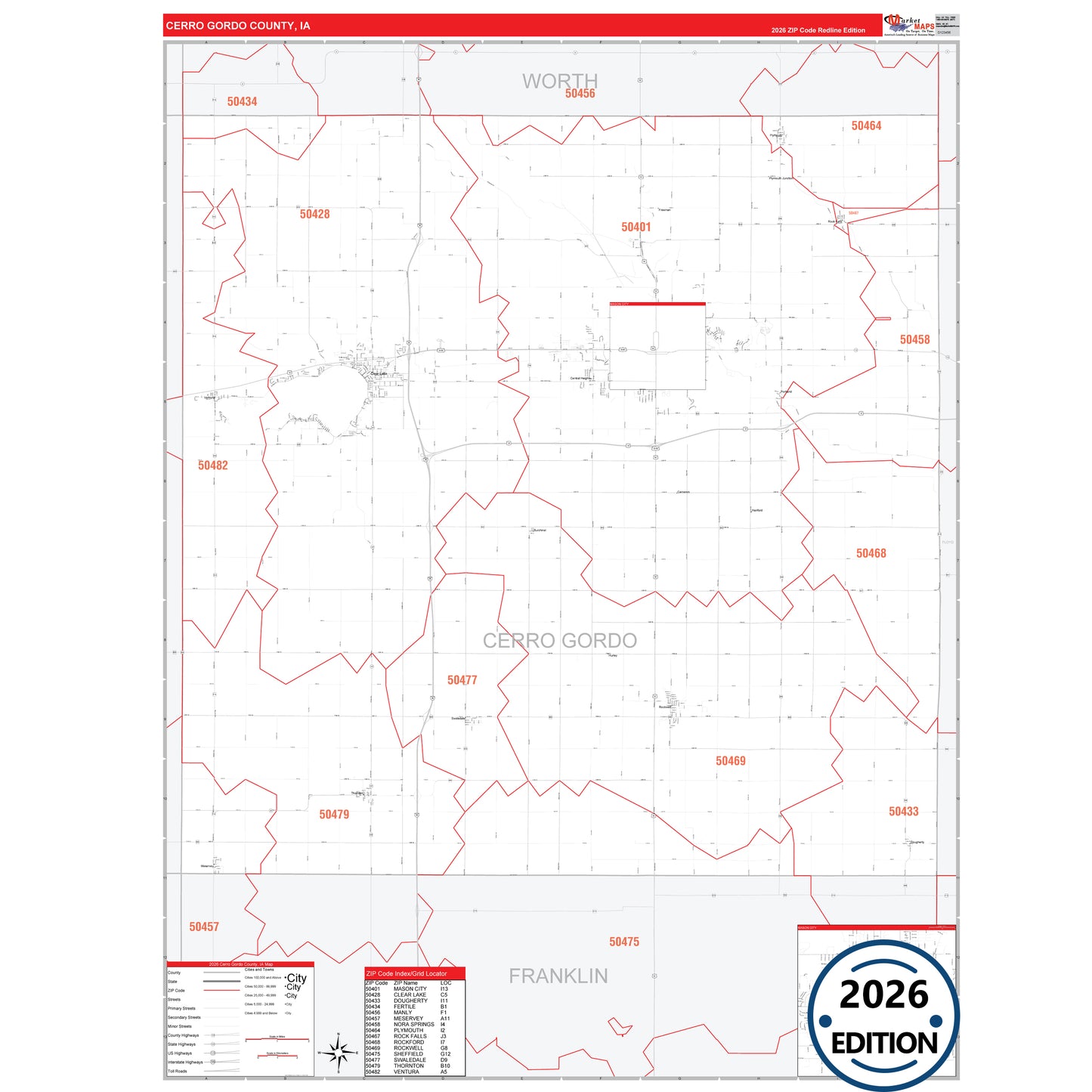 Cerro Gordo County, IA Red Line 5 Digit ZIP Code Wall Map